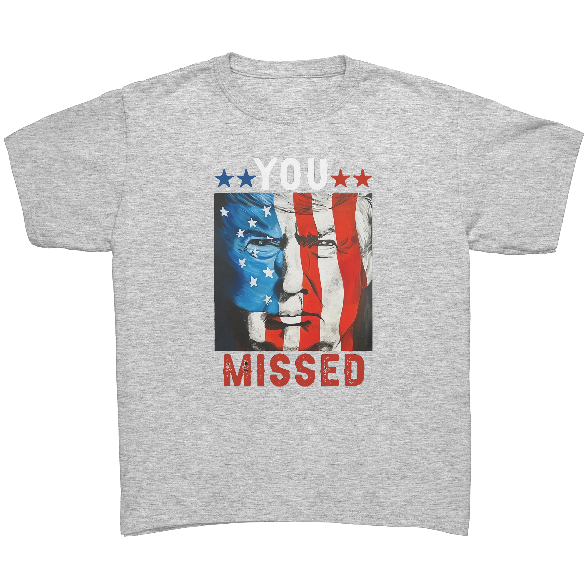 Trump You Missed Vivid Print Tee featuring a patriotic design with bold colors and a striking graphic.