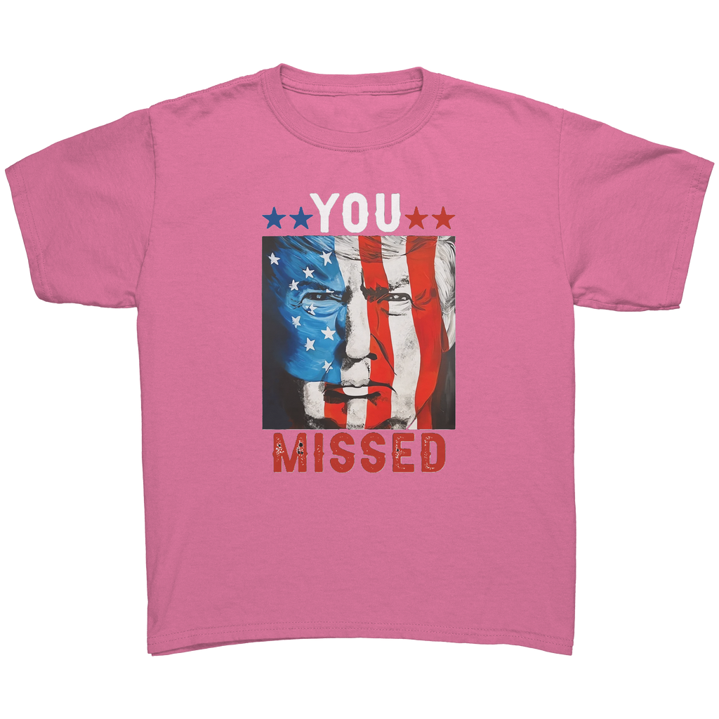 Trump You Missed Vivid Print Tee featuring vivid graphic print on a pink t-shirt.