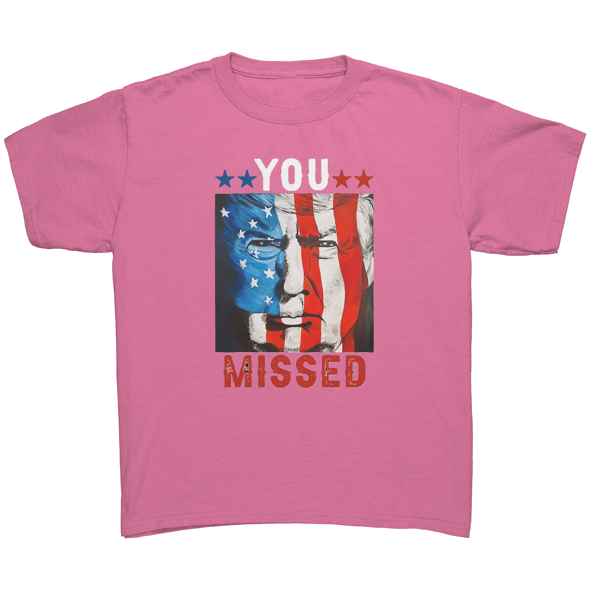 Trump You Missed Vivid Print Tee featuring vivid graphic print on a pink t-shirt.