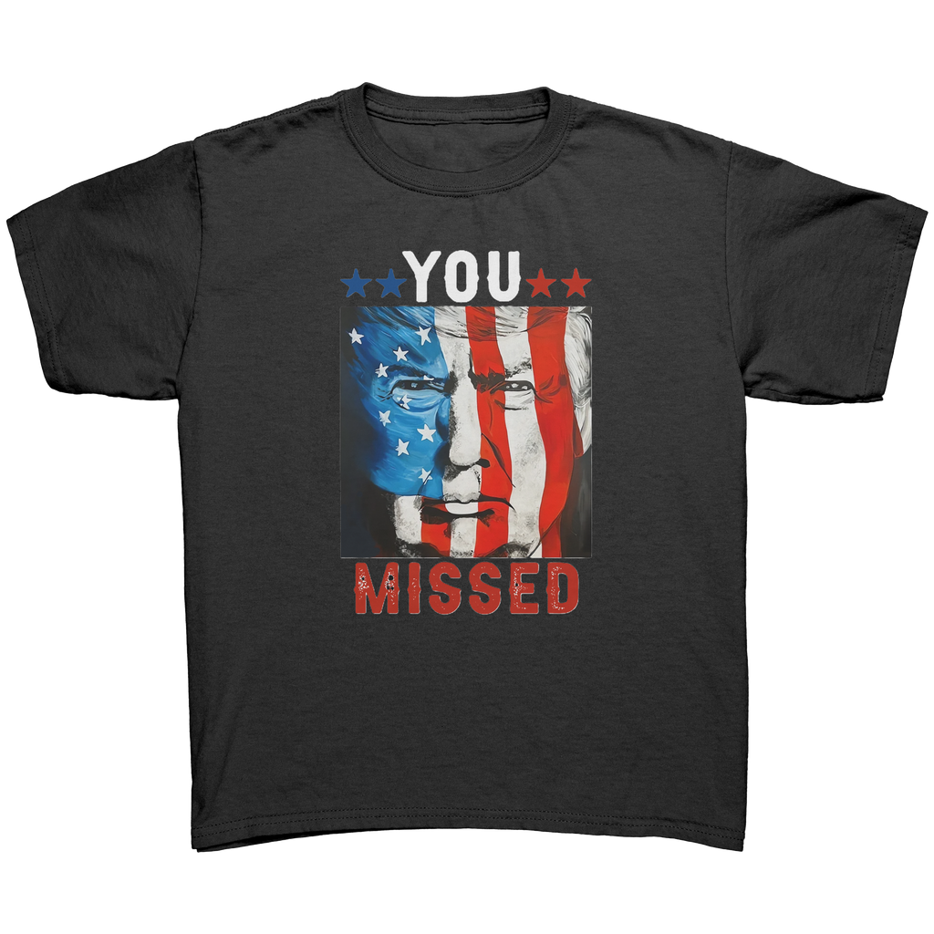 Trump You Missed Vivid Print Tee featuring bold design with American flag colors and Trump's face.