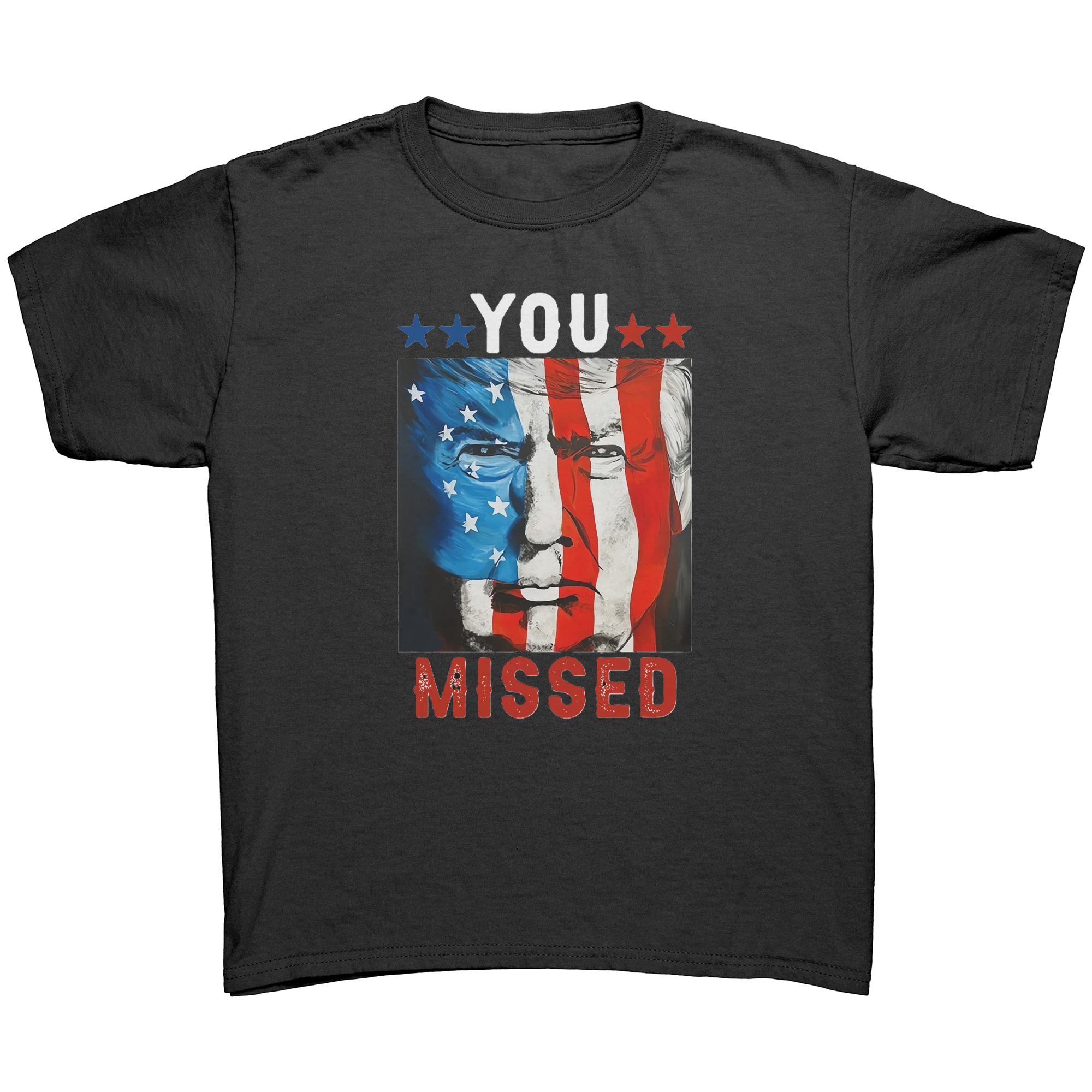 Trump You Missed Vivid Print Tee featuring bold design with American flag colors and Trump's face.
