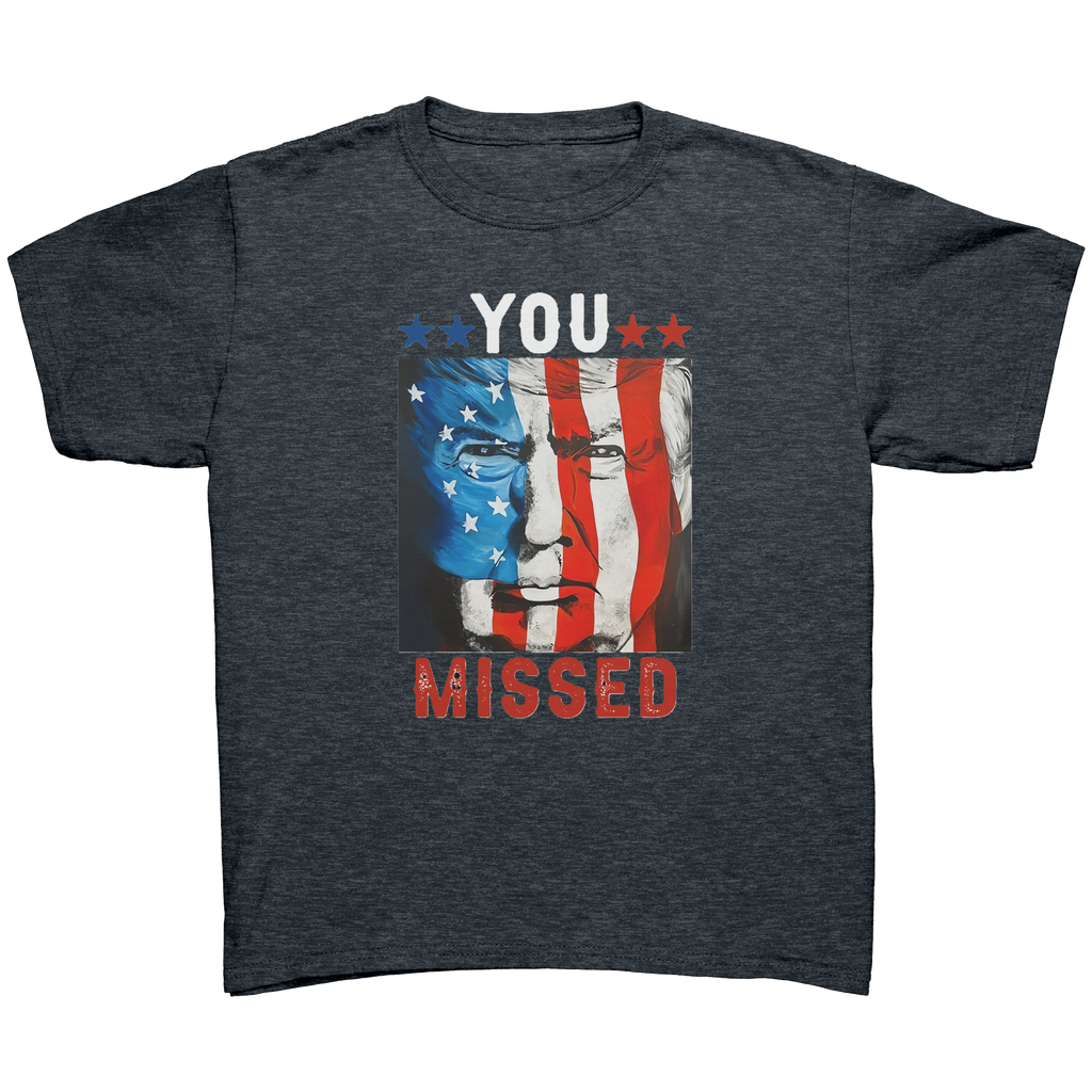 Trump You Missed Vivid Print Tee featuring a graphic of a face with American flag colors and text 'YOU MISSED'.