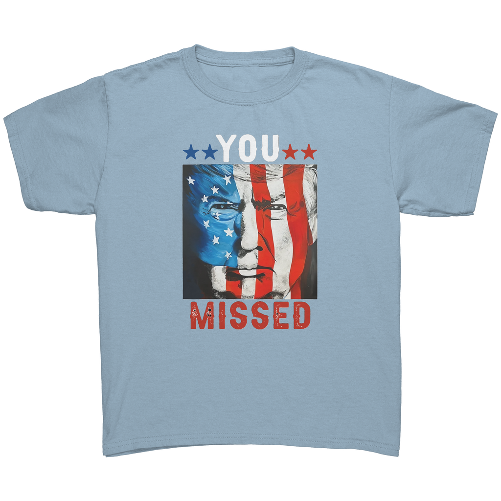 Trump You Missed Vivid Print Tee featuring patriotic design and bold message.
