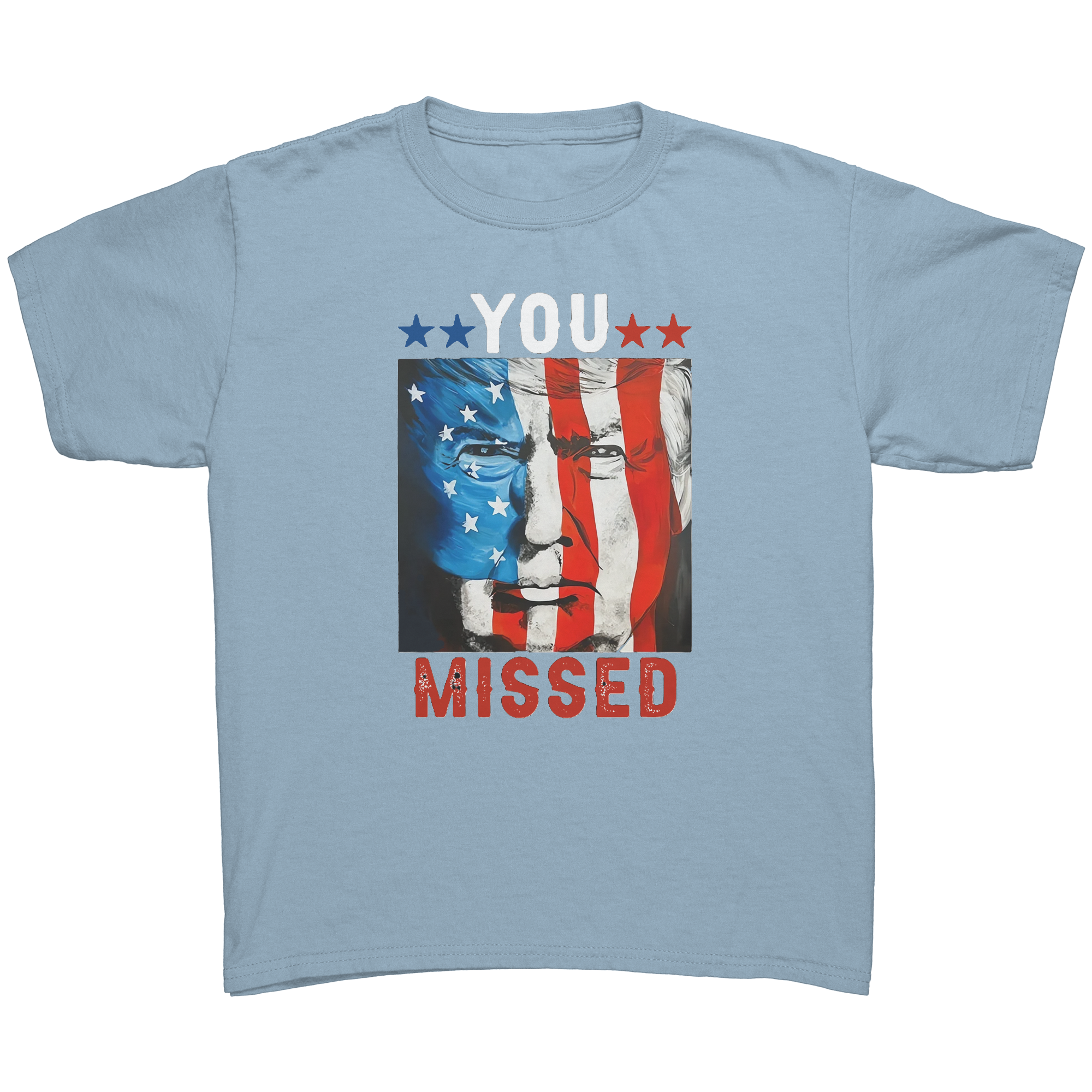 Trump You Missed Vivid Print Tee featuring patriotic design and bold message.