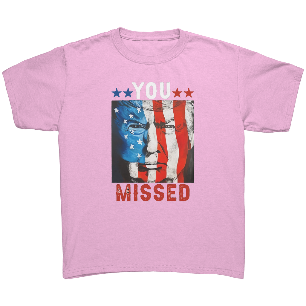 Trump You Missed Vivid Print Tee featuring patriotic design with bold graphics and colors.