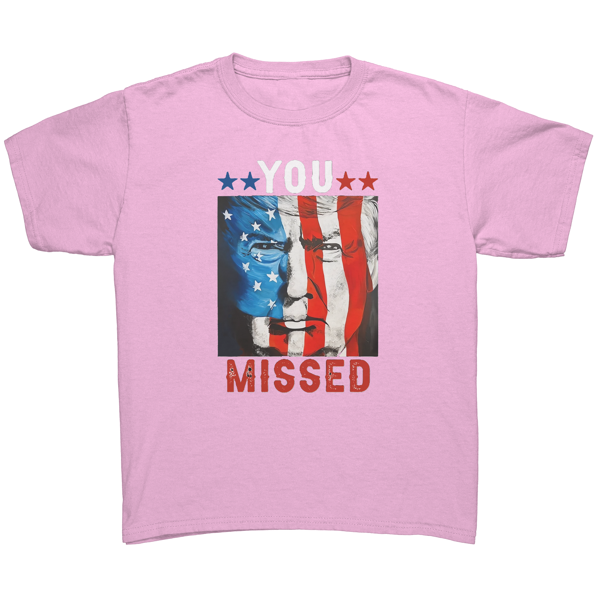 Trump You Missed Vivid Print Tee featuring patriotic design with bold graphics and colors.