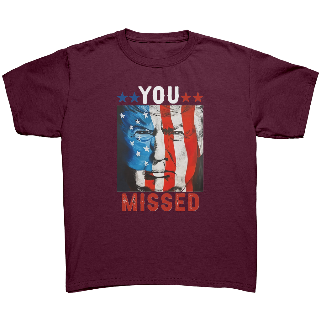 Trump You Missed Vivid Print Tee featuring a patriotic design with vibrant colors and bold text.