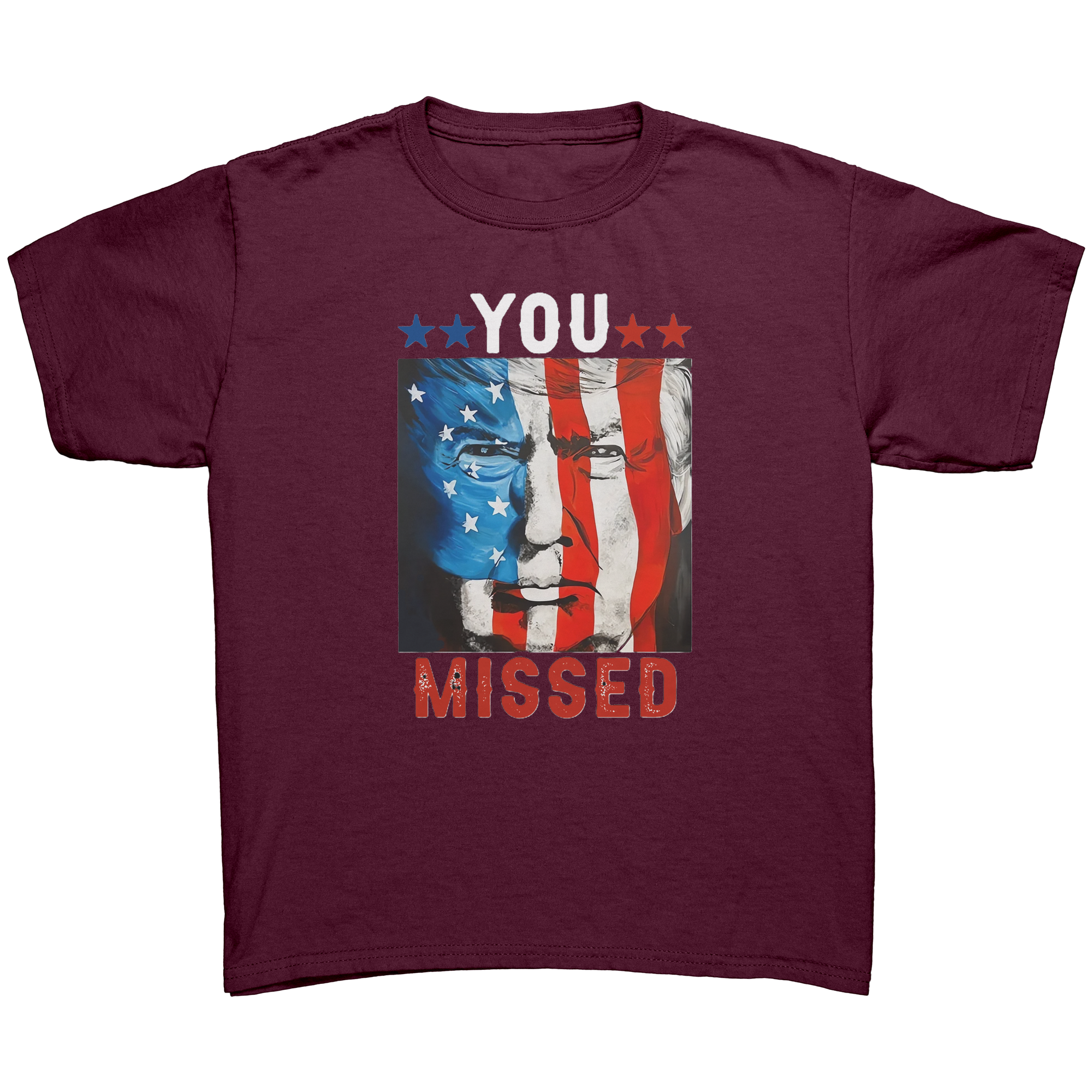 Trump You Missed Vivid Print Tee featuring a patriotic design with vibrant colors and bold text.