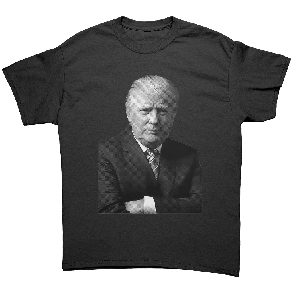Trump Confident Crossed Arms Art graphic tee featuring a confident image of Donald Trump with crossed arms.