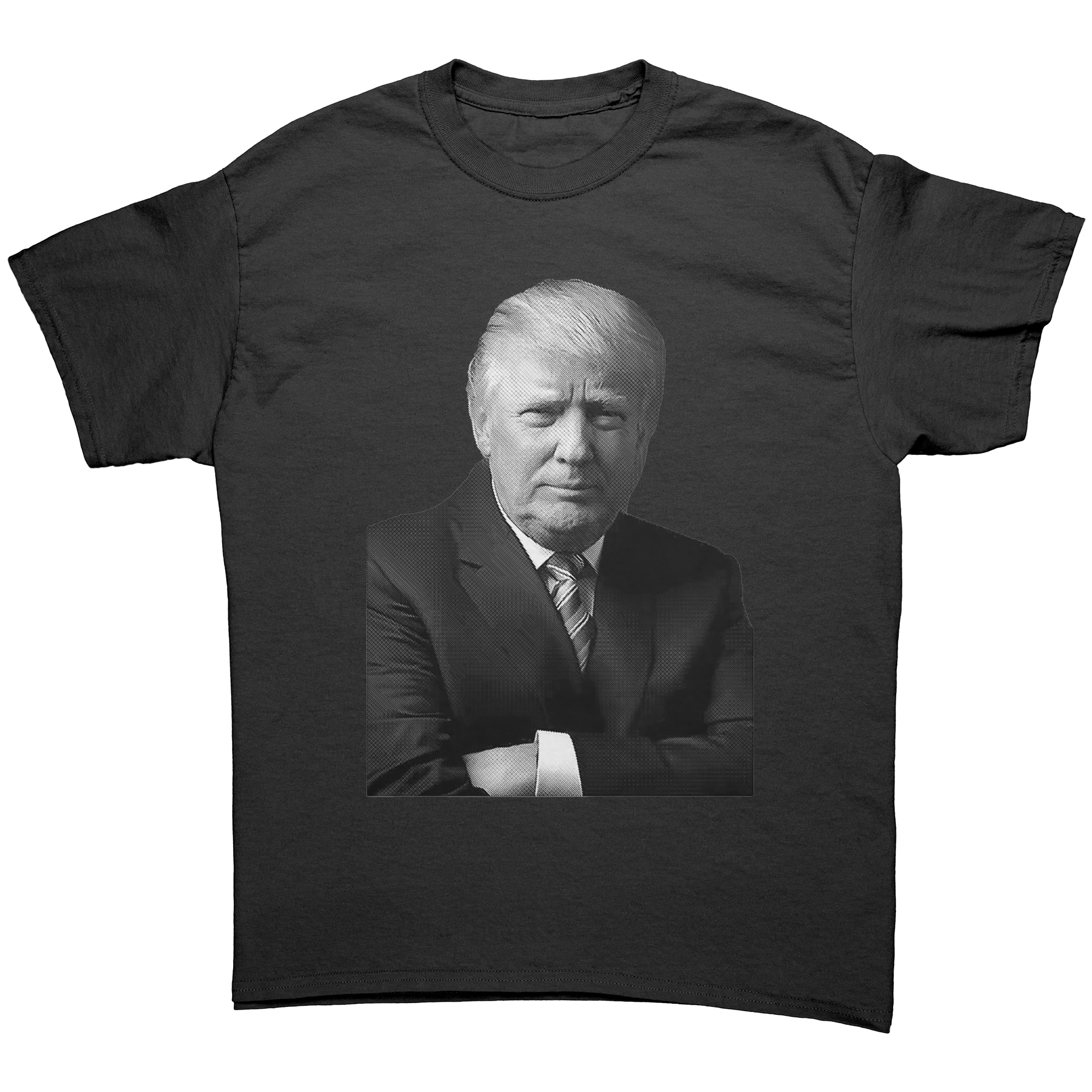 Trump Confident Crossed Arms Art graphic tee featuring a confident image of Donald Trump with crossed arms.