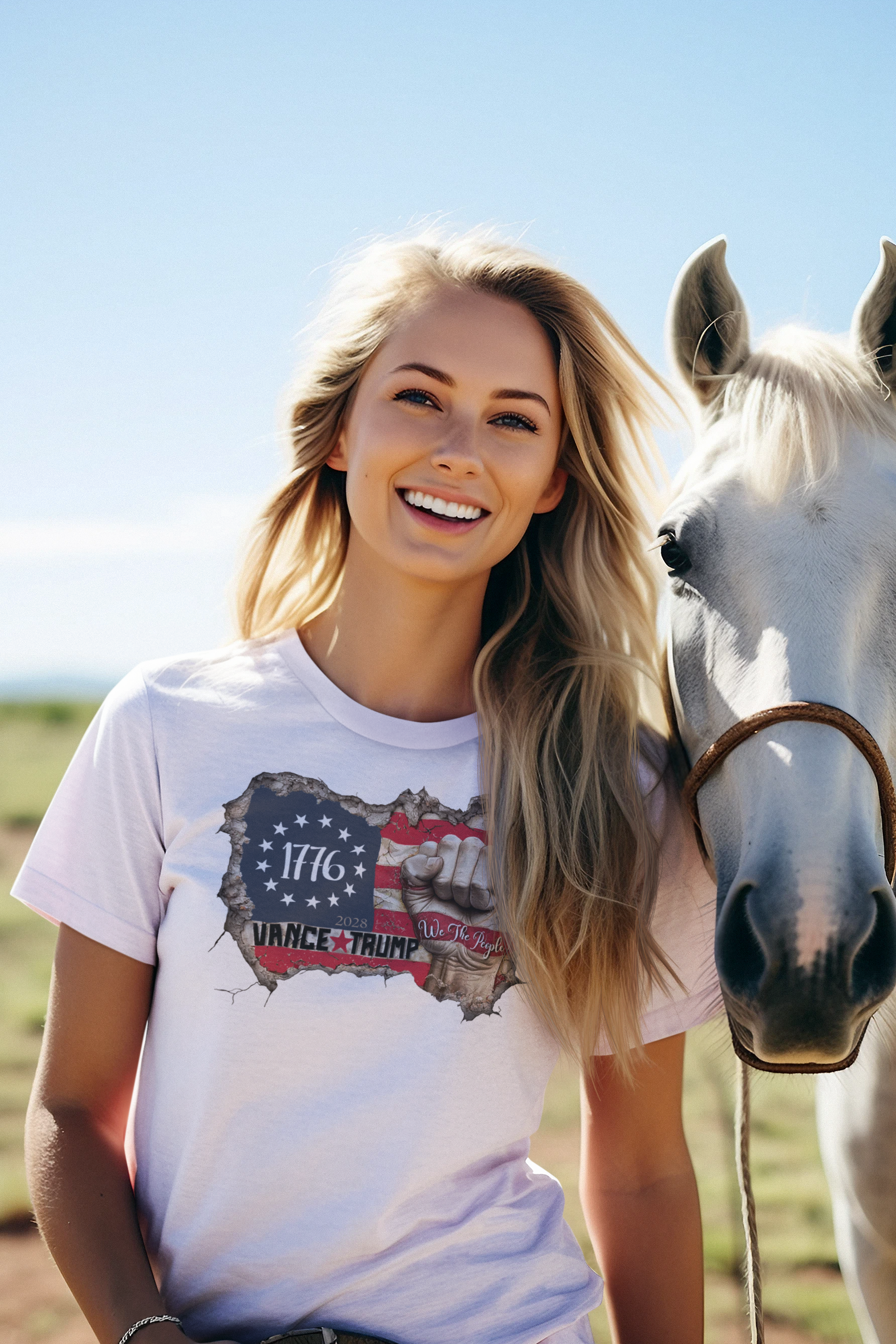 Smiling woman in Vance Trump 2028 We The People shirt standing next to a horse in a sunny outdoor setting.
