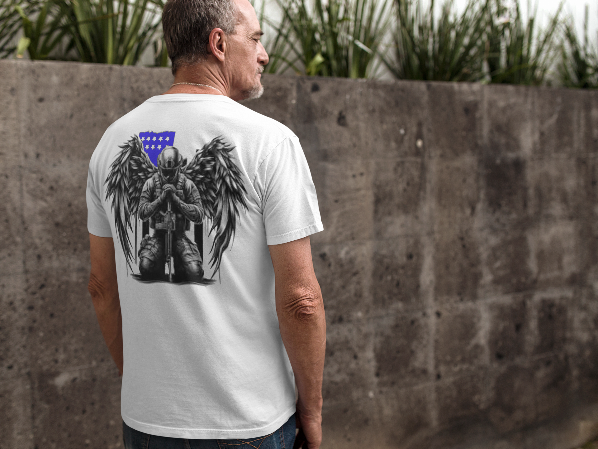 Veteran With Wings Back Art Tee featuring a soldier with wings and patriotic design on the back.