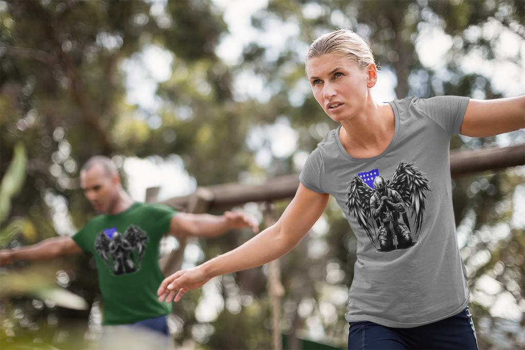Stylish Veteran With Wings Tee worn by a woman exercising outdoors, featuring a patriotic design with wings.