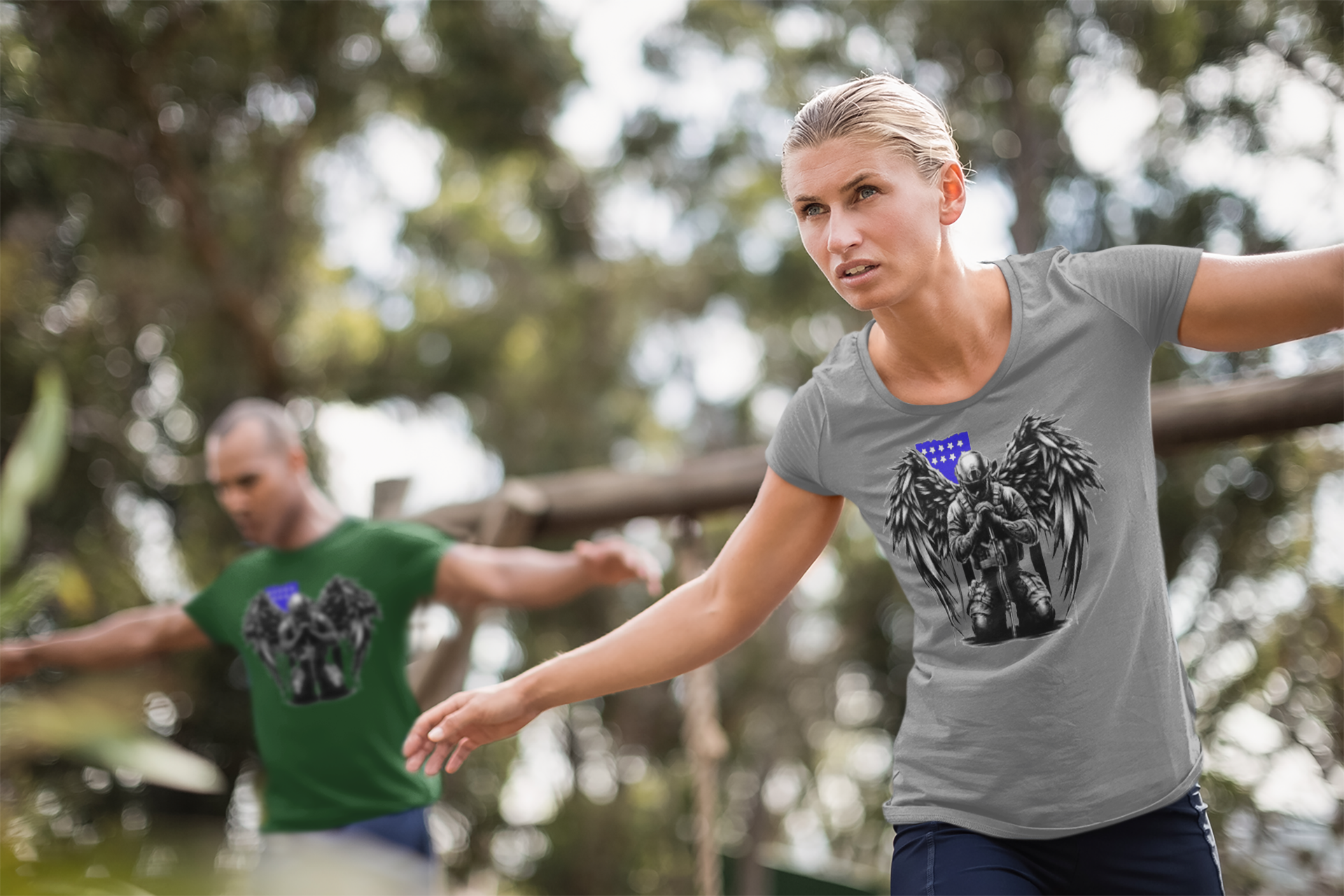 Stylish Veteran With Wings Tee worn by a woman exercising outdoors, featuring a patriotic design with wings.