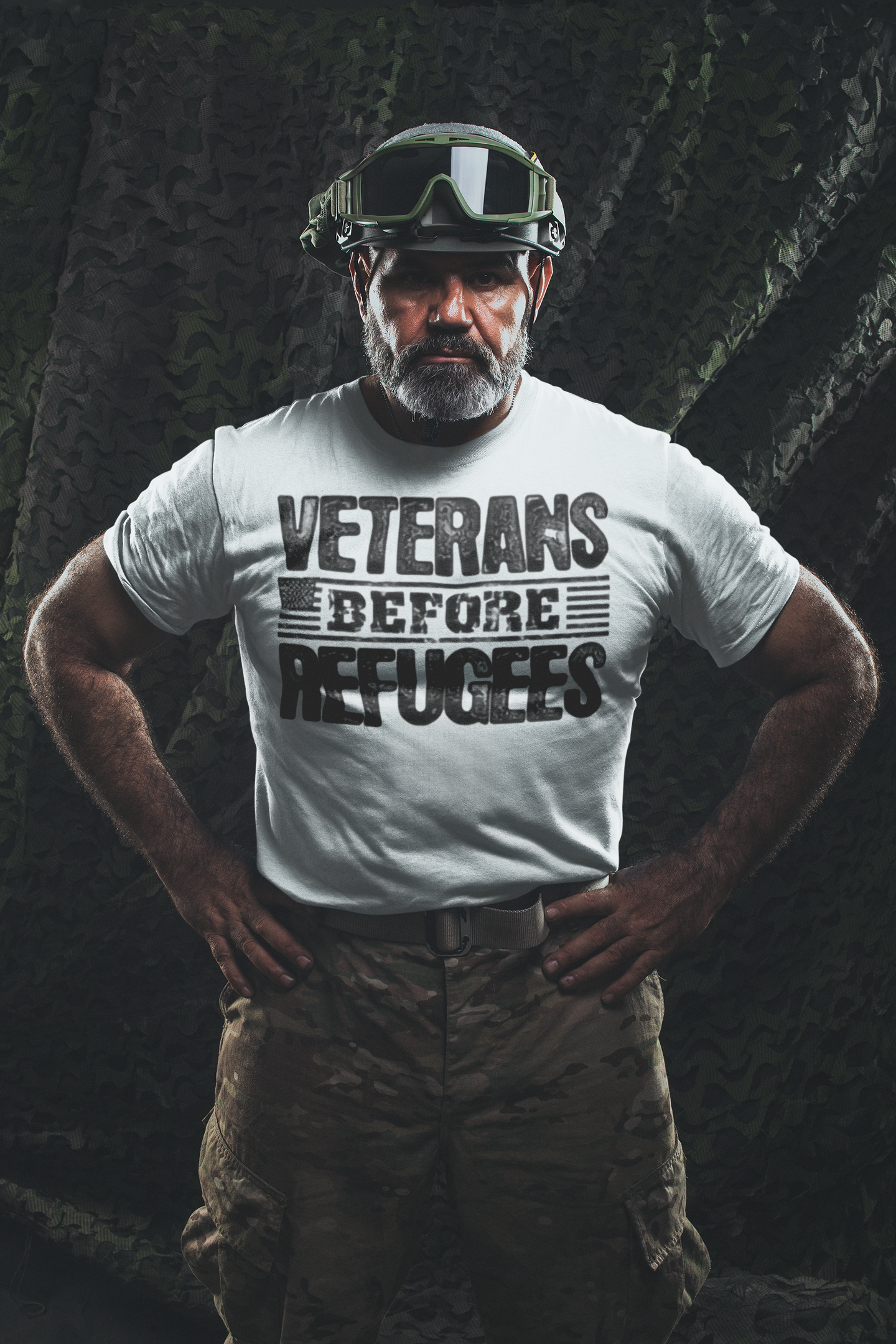 Man wearing Veterans Before Refugees Apparel, showcasing patriotism and support for national ideals.