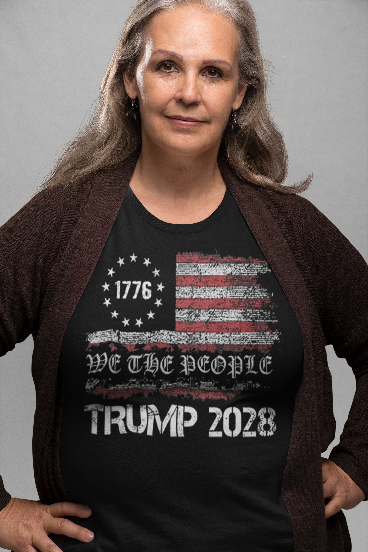 We The People Trump 2028 On Betsy Ross Flag shirt worn by a woman showing patriotism and support for national ideals.