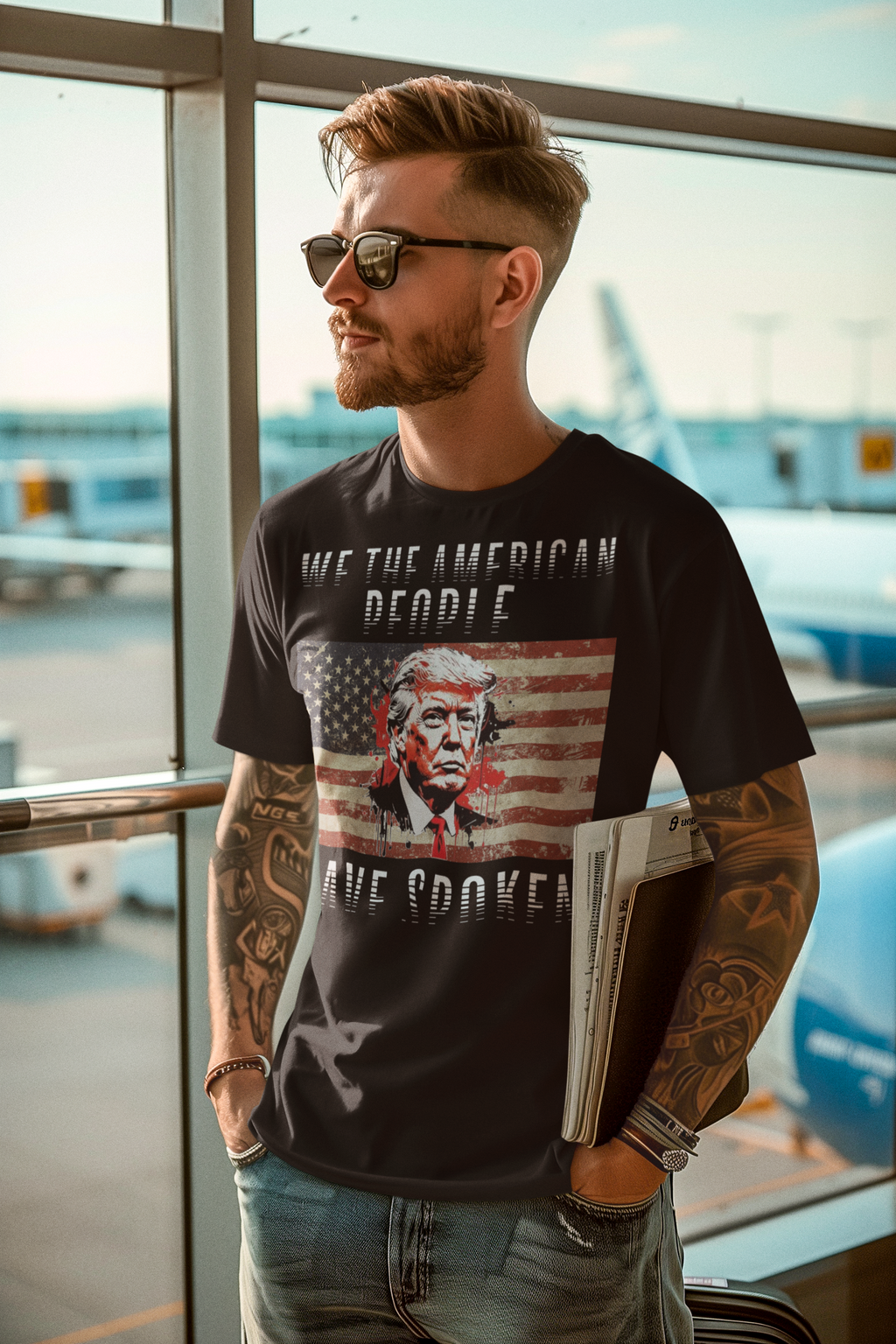 Young man wearing We The American People Have Spoken shirt at airport, showcasing patriotism and style.