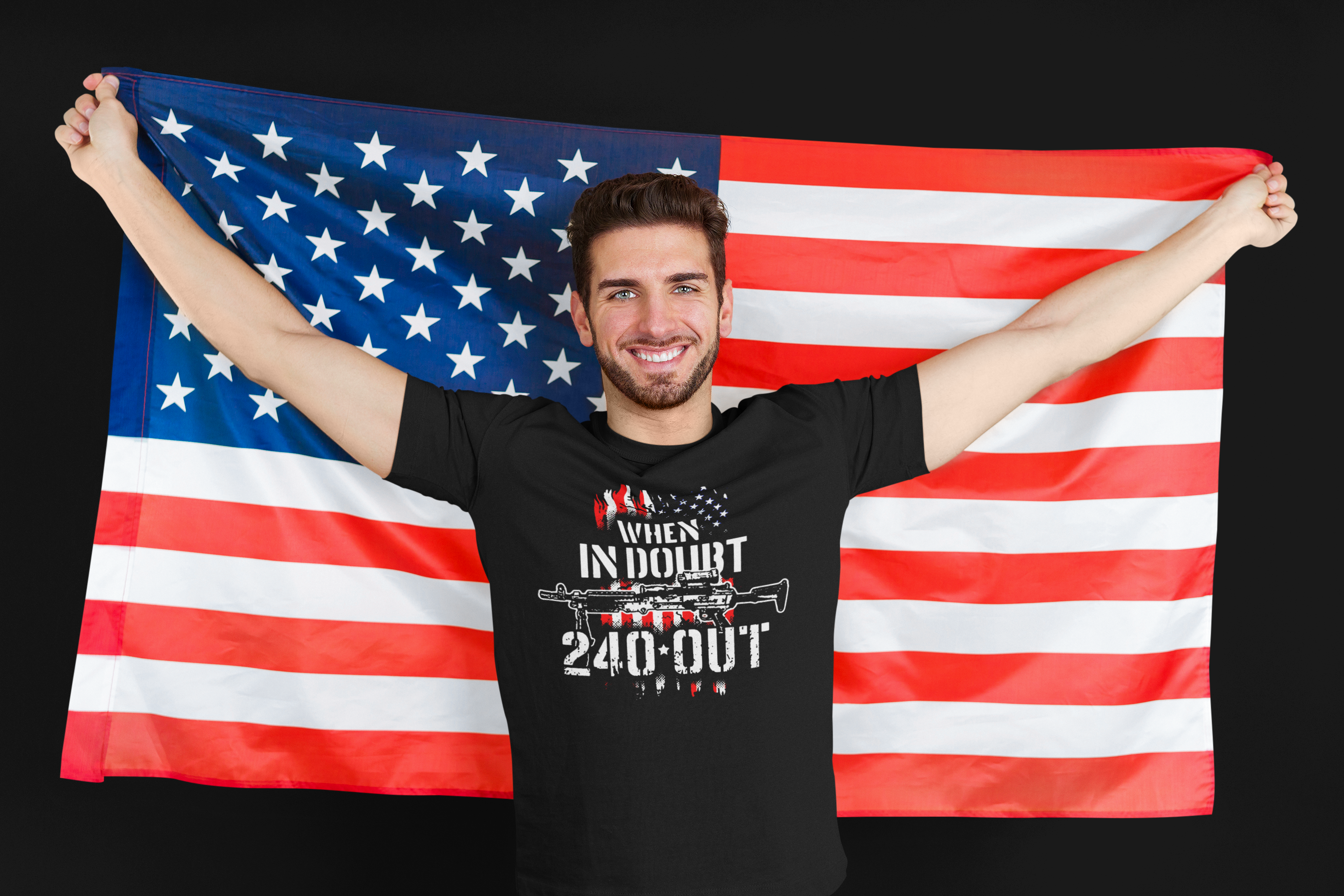 Man wearing When In Doubt 240 Out Graphic Twill Cap t-shirt holding American flag