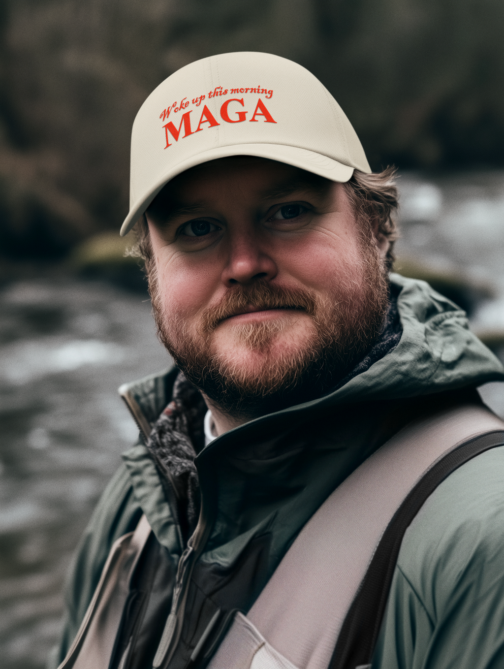 Man wearing Woke Up This Morning Maga Red Letters hat by a river, showcasing patriotism and strong personal values.