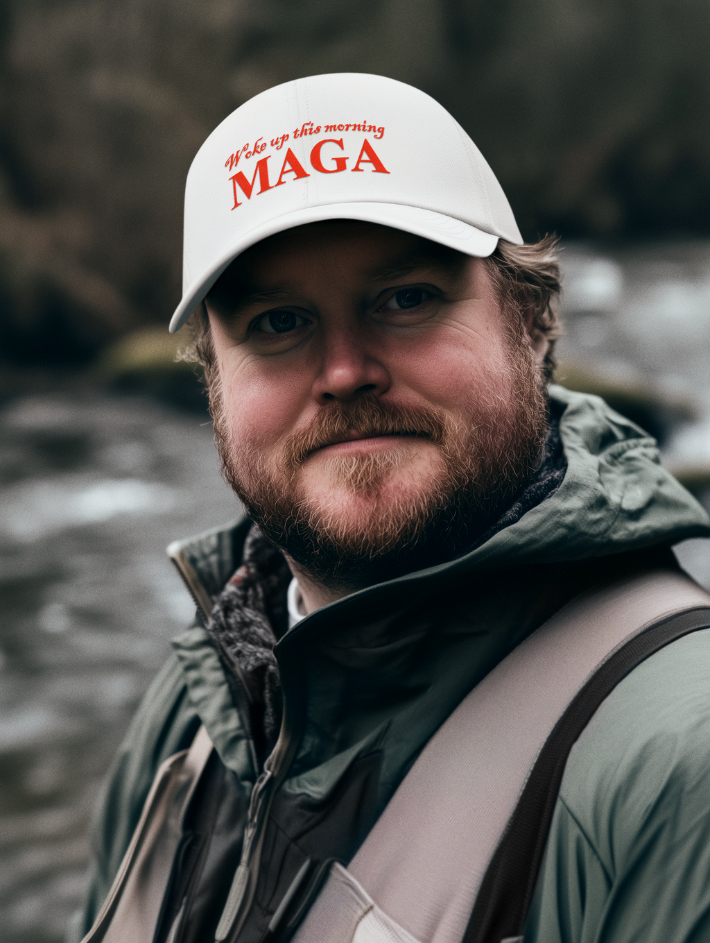 Person wearing a hat with the phrase Woke Up This Morning Maga Red Letters near a river.