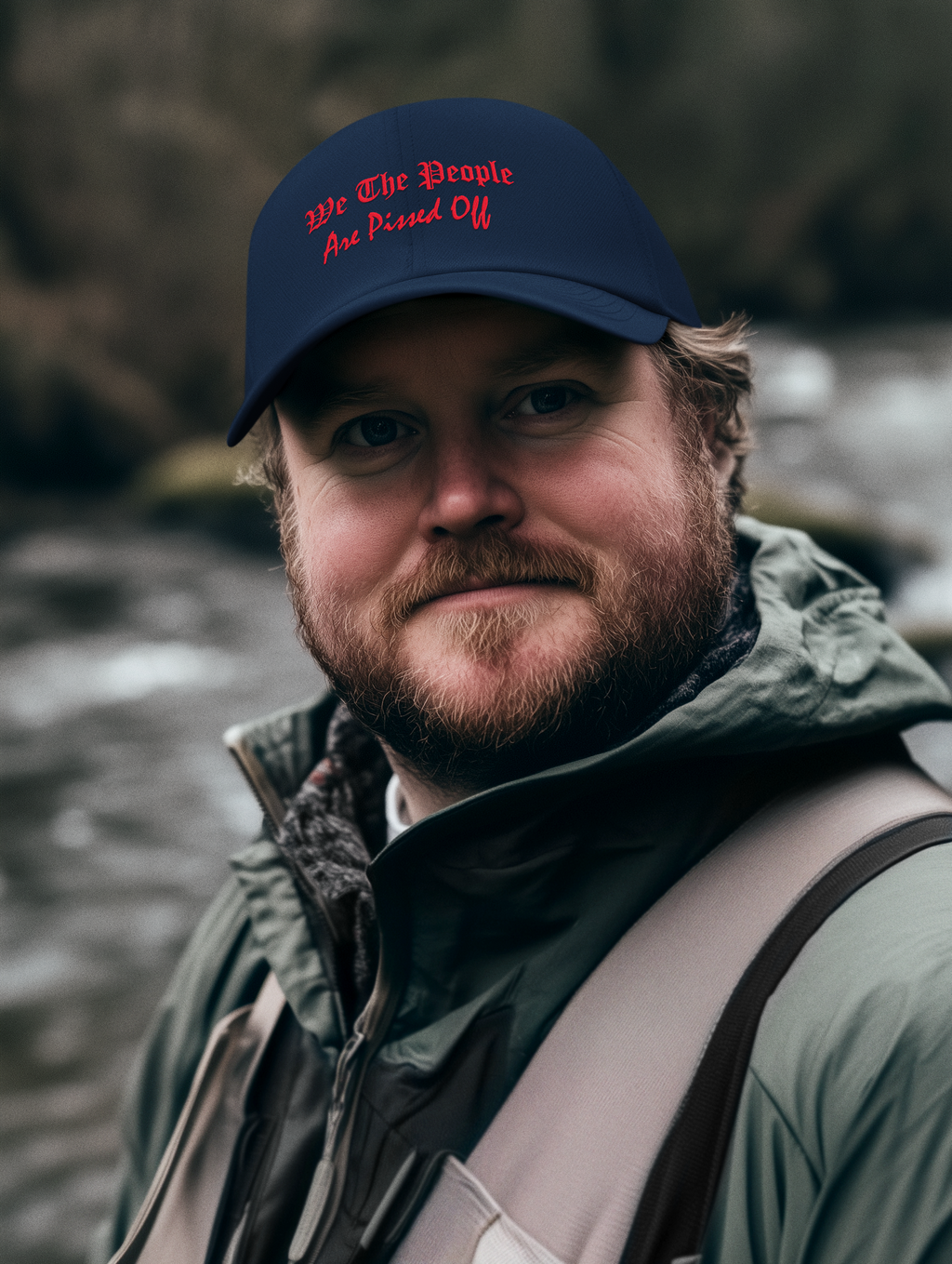 Man wearing a We The People Are Pissed Off - Foam Mesh-Back Trucker Cap by a river.