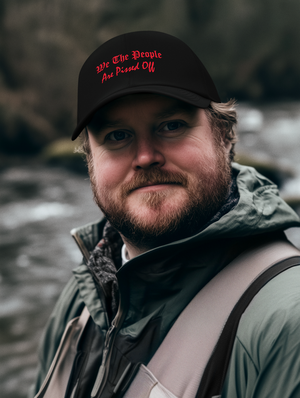 We The People Are Pissed Off - Foam Mesh-Back Trucker Cap worn by a man with a river background.