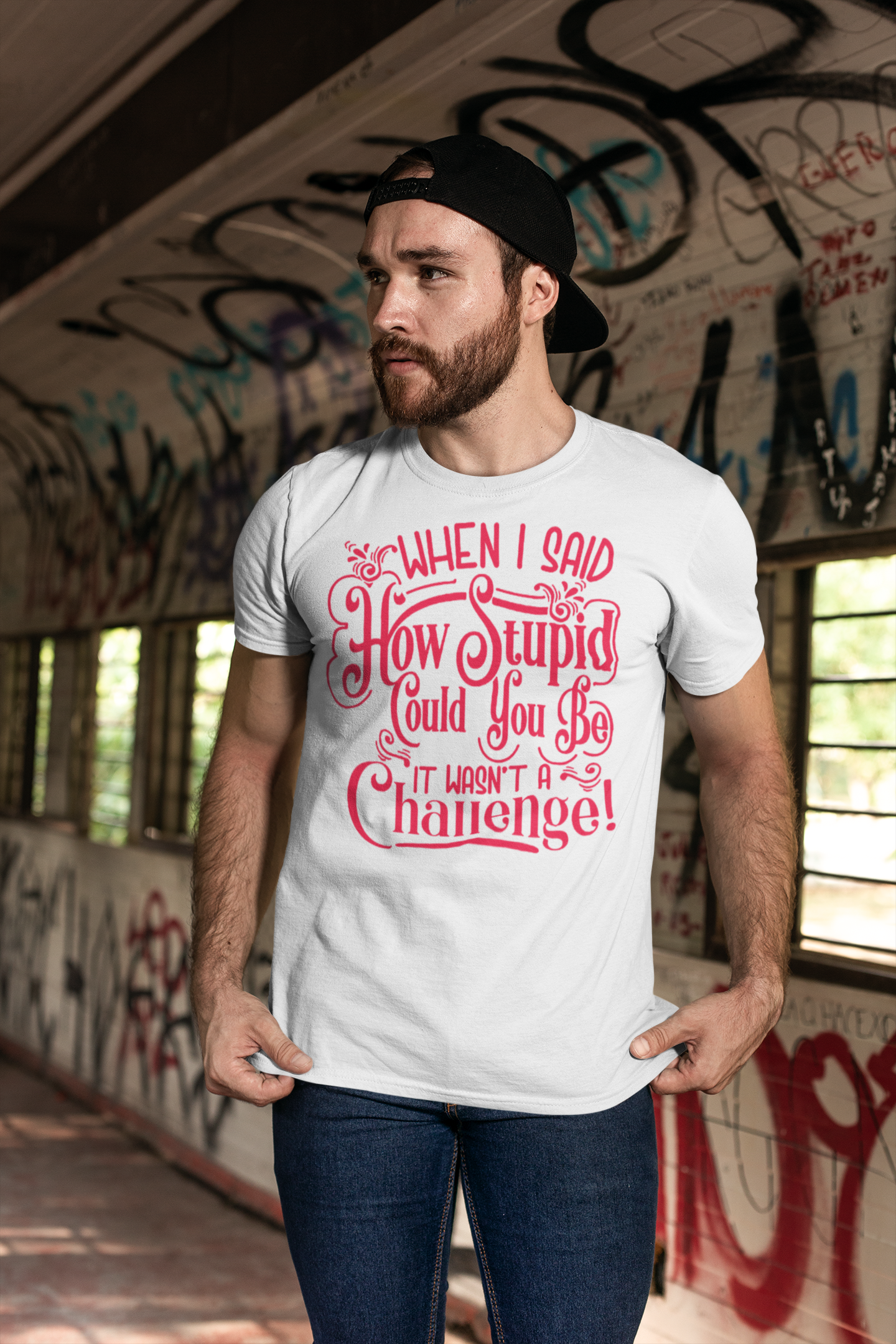 Man wearing 'When I Said How Stupid Could You Be It Wasn't A Challenge' t-shirt in urban setting with graffiti background.
