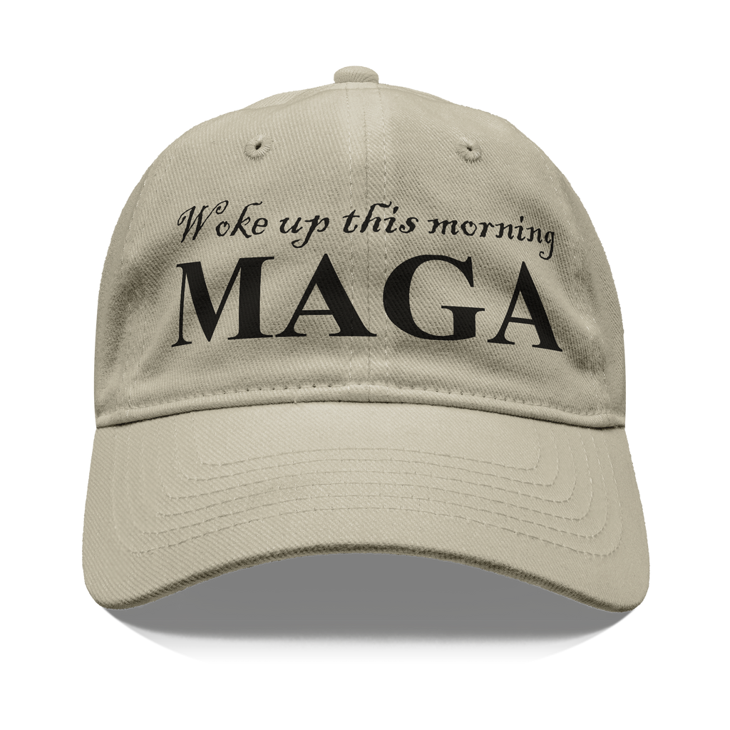Woke Up This Morning Maga Blk Letters graphic cap showing beige fabric and bold text design.