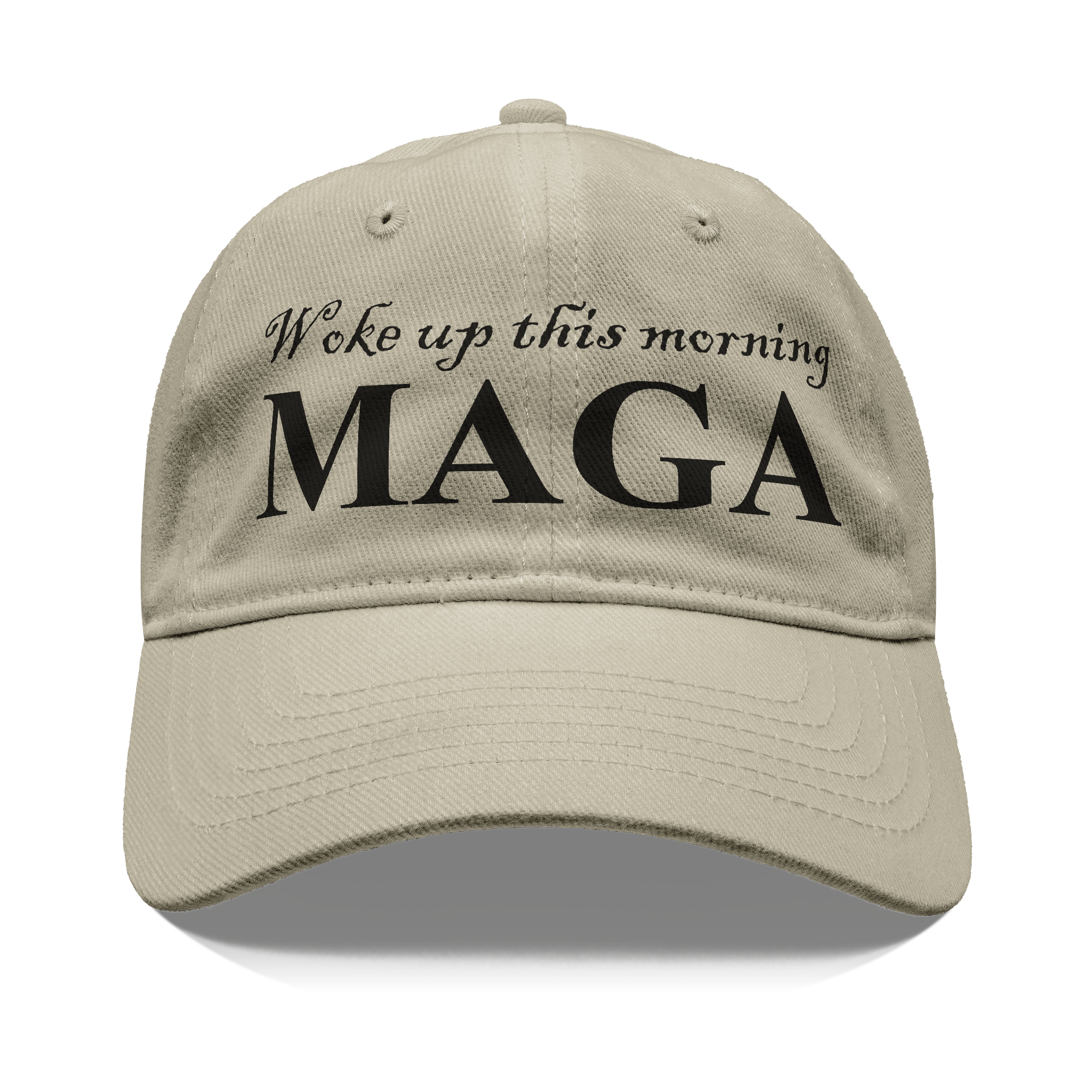 Woke Up This Morning Maga Blk Letters graphic cap showing beige fabric and bold text design.