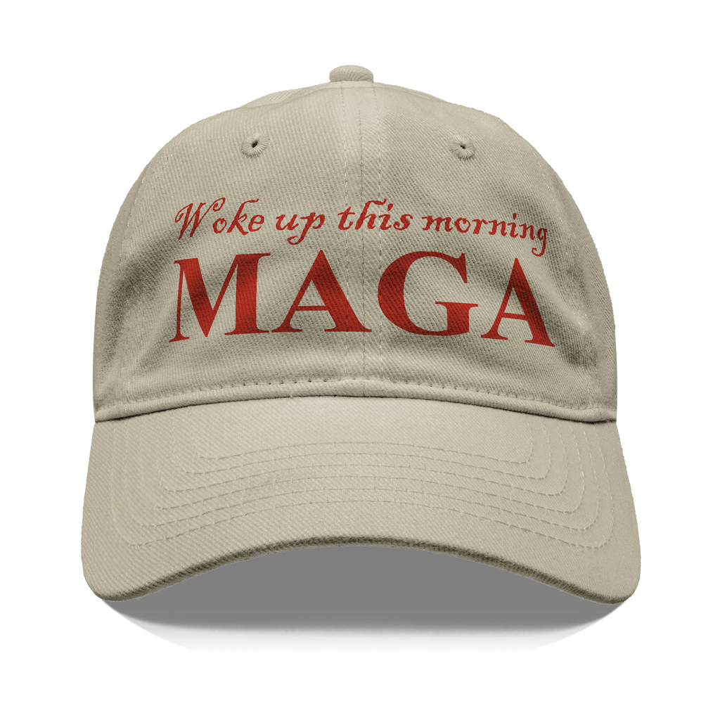 Woke Up This Morning Maga Red Letters graphic cap displaying bold red text on a beige background.