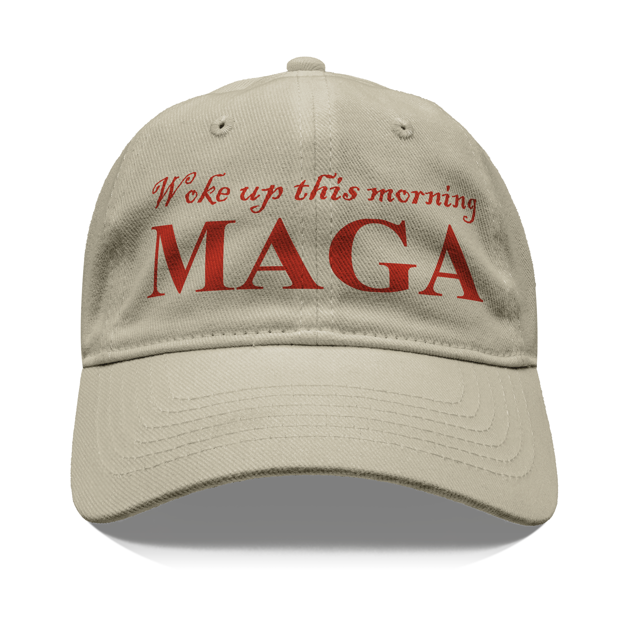 Woke Up This Morning Maga Red Letters graphic cap displaying bold red text on a beige background.