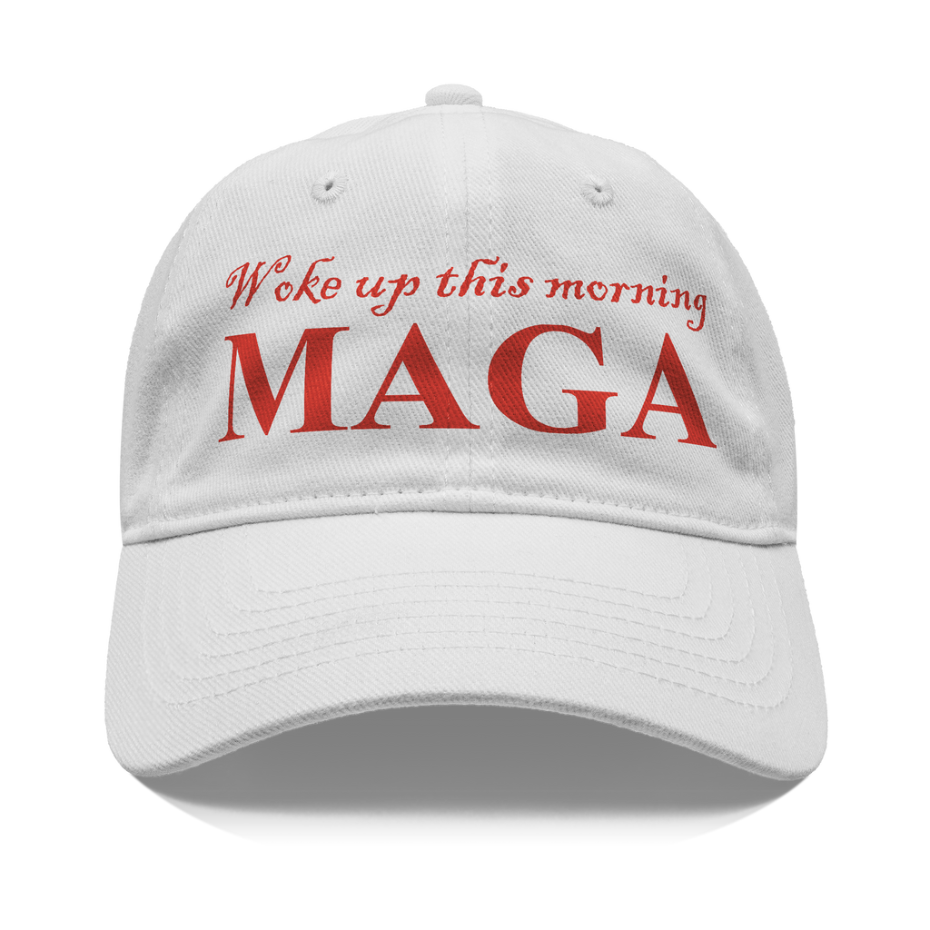 Woke Up This Morning Maga Red Letters graphic hat in white with bold red lettering.