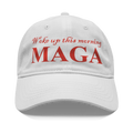 Woke Up This Morning Maga Red Letters graphic hat in white with bold red lettering.