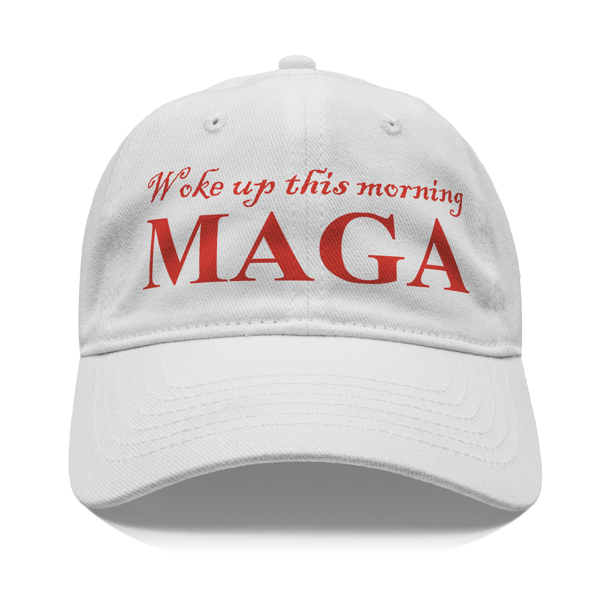 Woke Up This Morning Maga Red Letters graphic hat in white with bold red lettering.