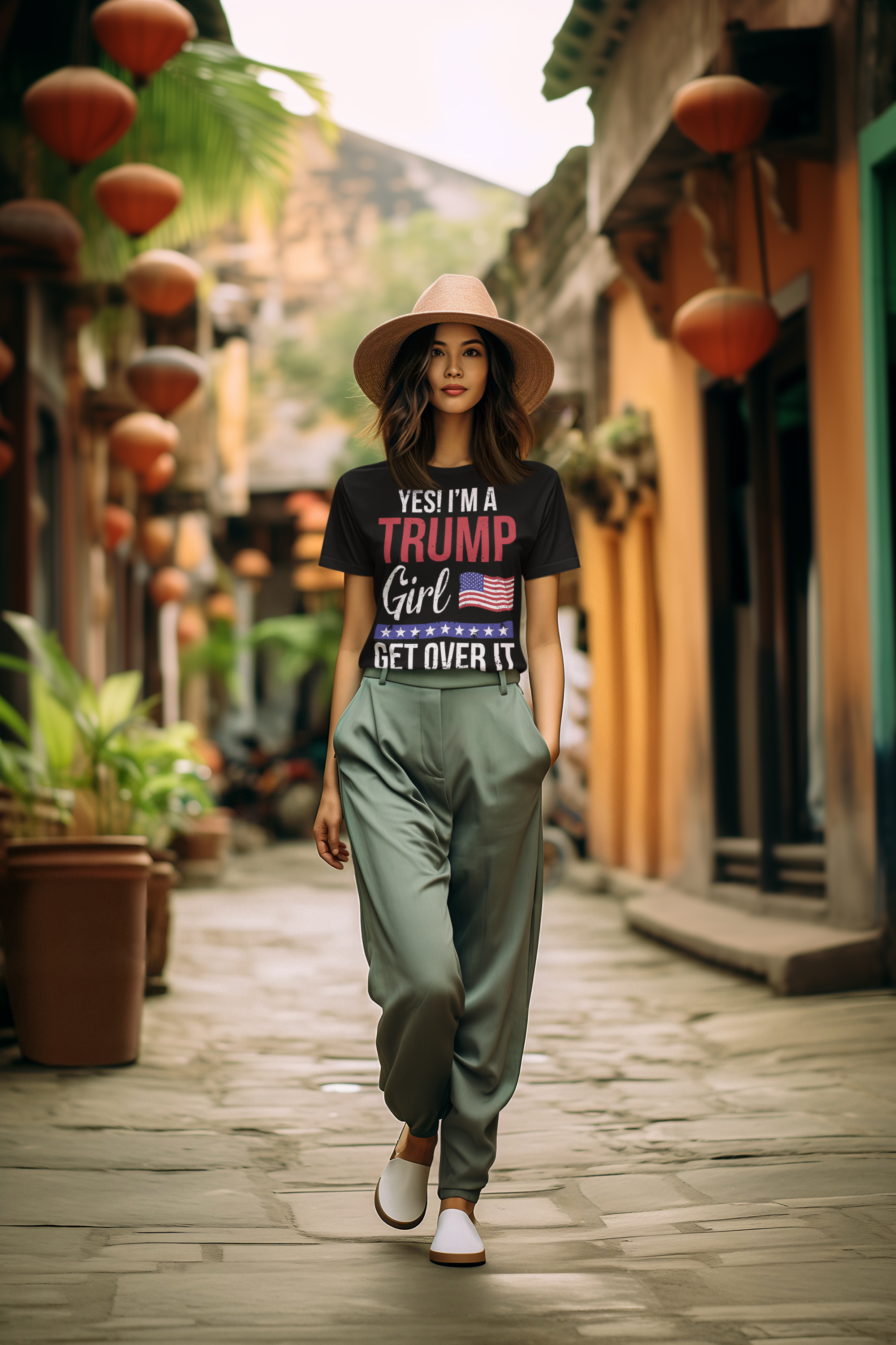 Woman wearing Yes Im A Girl Get Over It Bold Trump Supporter Tee in vibrant outdoor setting