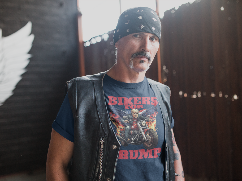 Man wearing Bikers For Trump Graphic Design t-shirt, showcasing patriotism and support for traditional values.