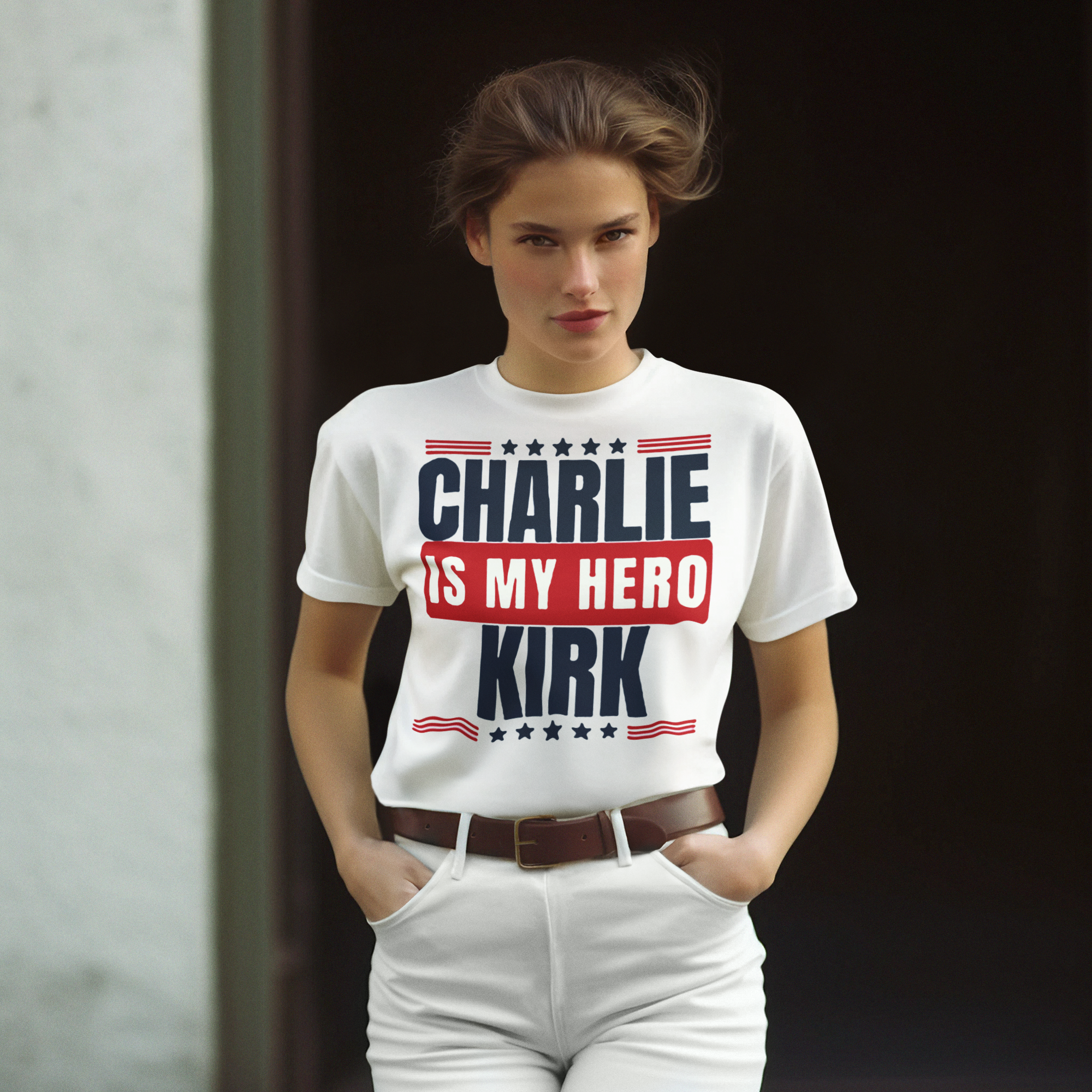 Model wearing Charlie Kirk Is My Hero Apparel featuring bold patriotic text design.
