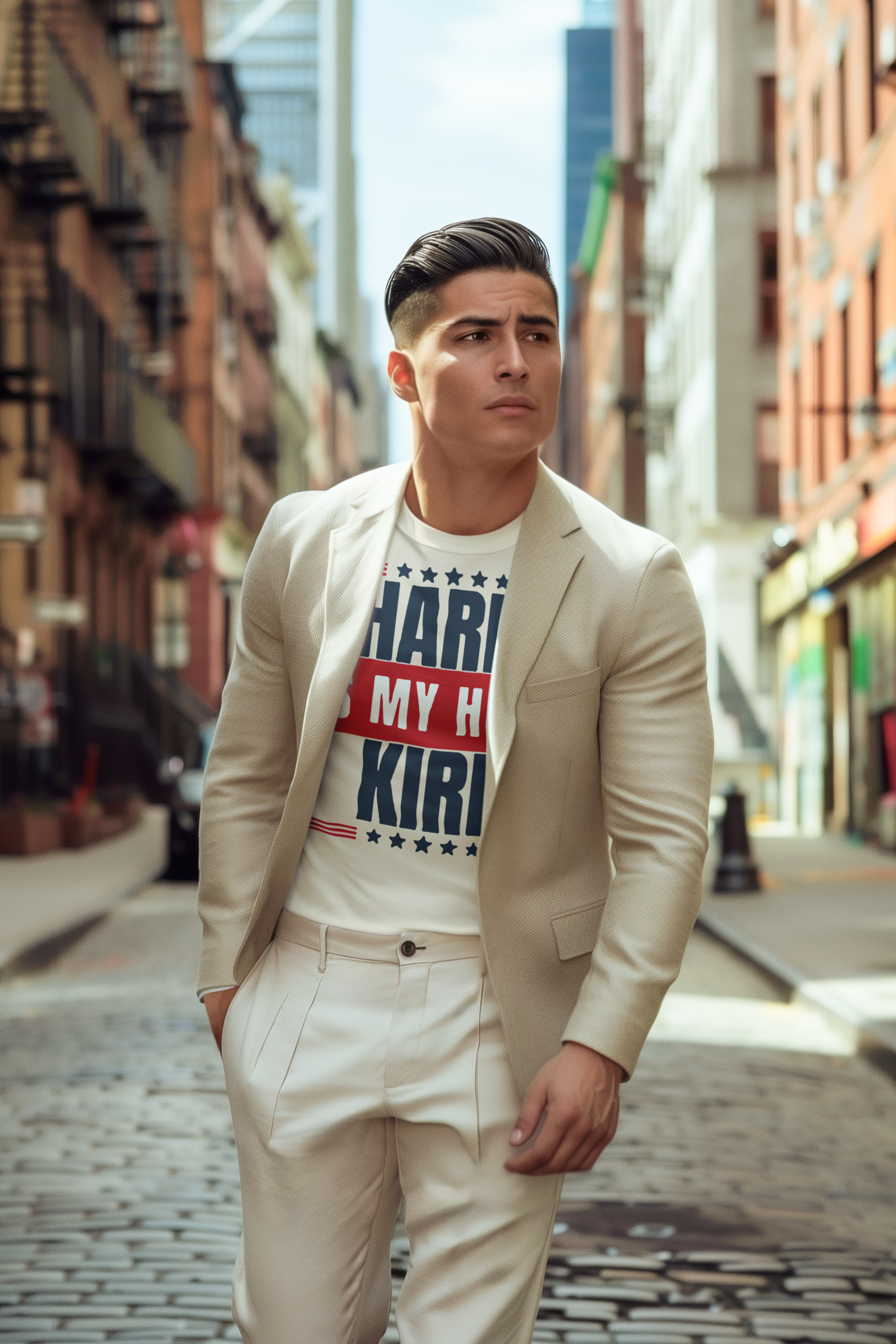 A stylish individual wearing Charlie Kirk Is My Hero Apparel in a city street, showcasing patriotism and personal values.