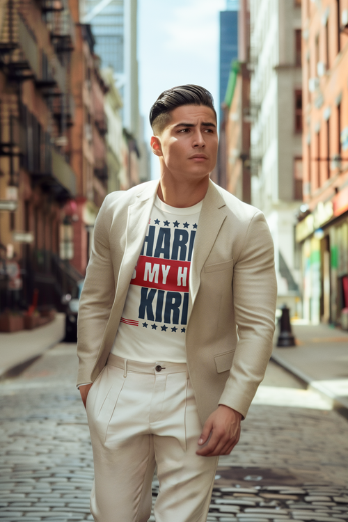 A stylish individual wearing Charlie Kirk Is My Hero Apparel in a city street, showcasing patriotism and personal values.
