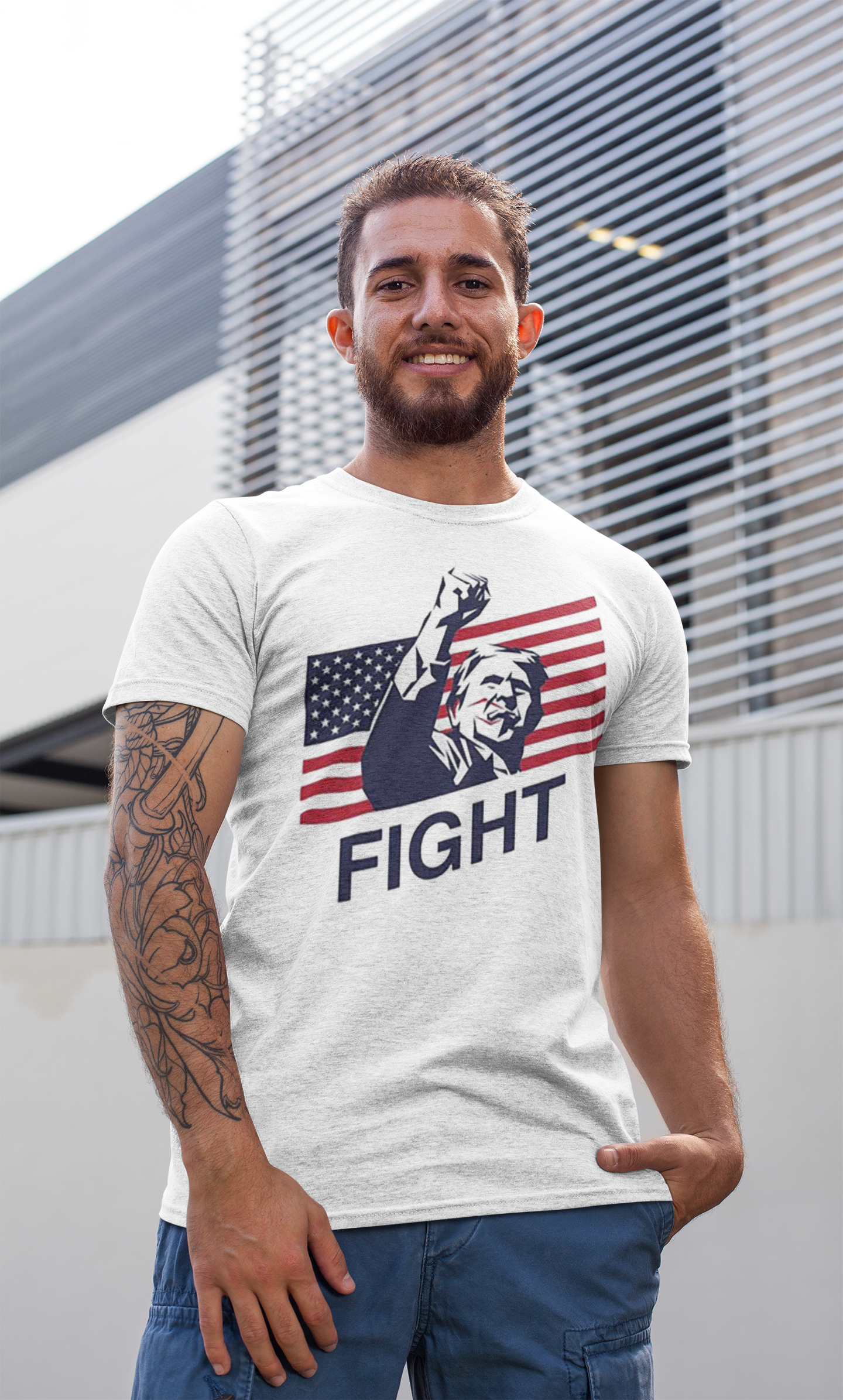 Fight Bold American Pride Graphic design on a white t-shirt worn by a man outdoors, showcasing patriotic themes.