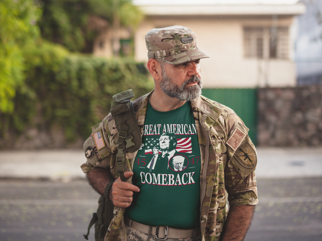 Man in military uniform wearing Great American Comeback 45 47 T Shirt, showcasing a bold political statement.