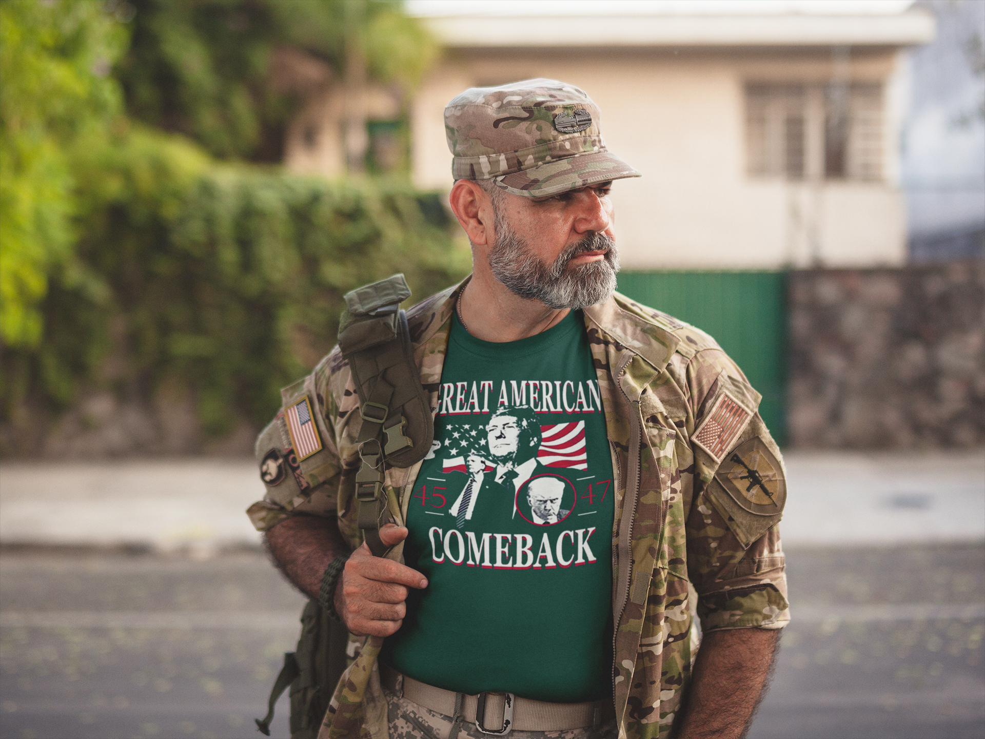 Man in military uniform wearing Great American Comeback 45 47 T Shirt, showcasing a bold political statement.