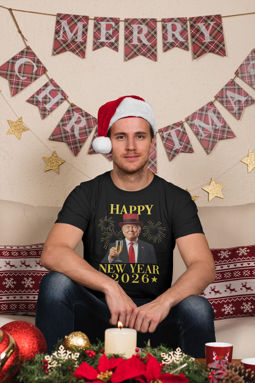 Happy New Year 2026 Apparel Art - man in black t-shirt with festive decor and Santa hat. Celebrating New Year 2026.