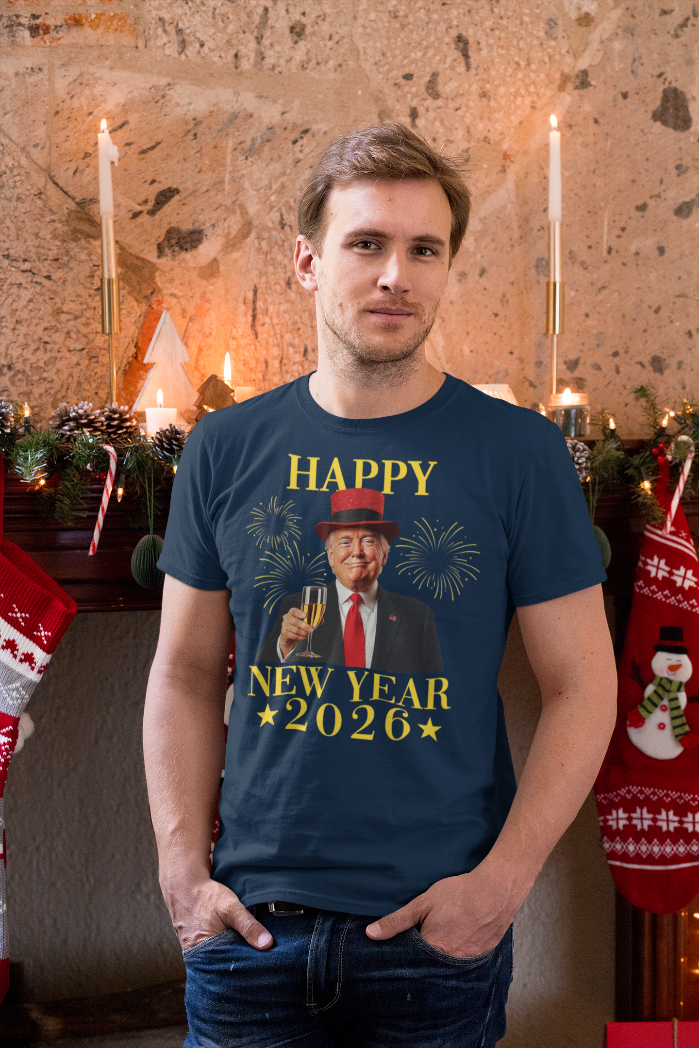 A man wearing a graphic t-shirt with the phrase Happy New Year 2026 Apparel Art in a festive setting.