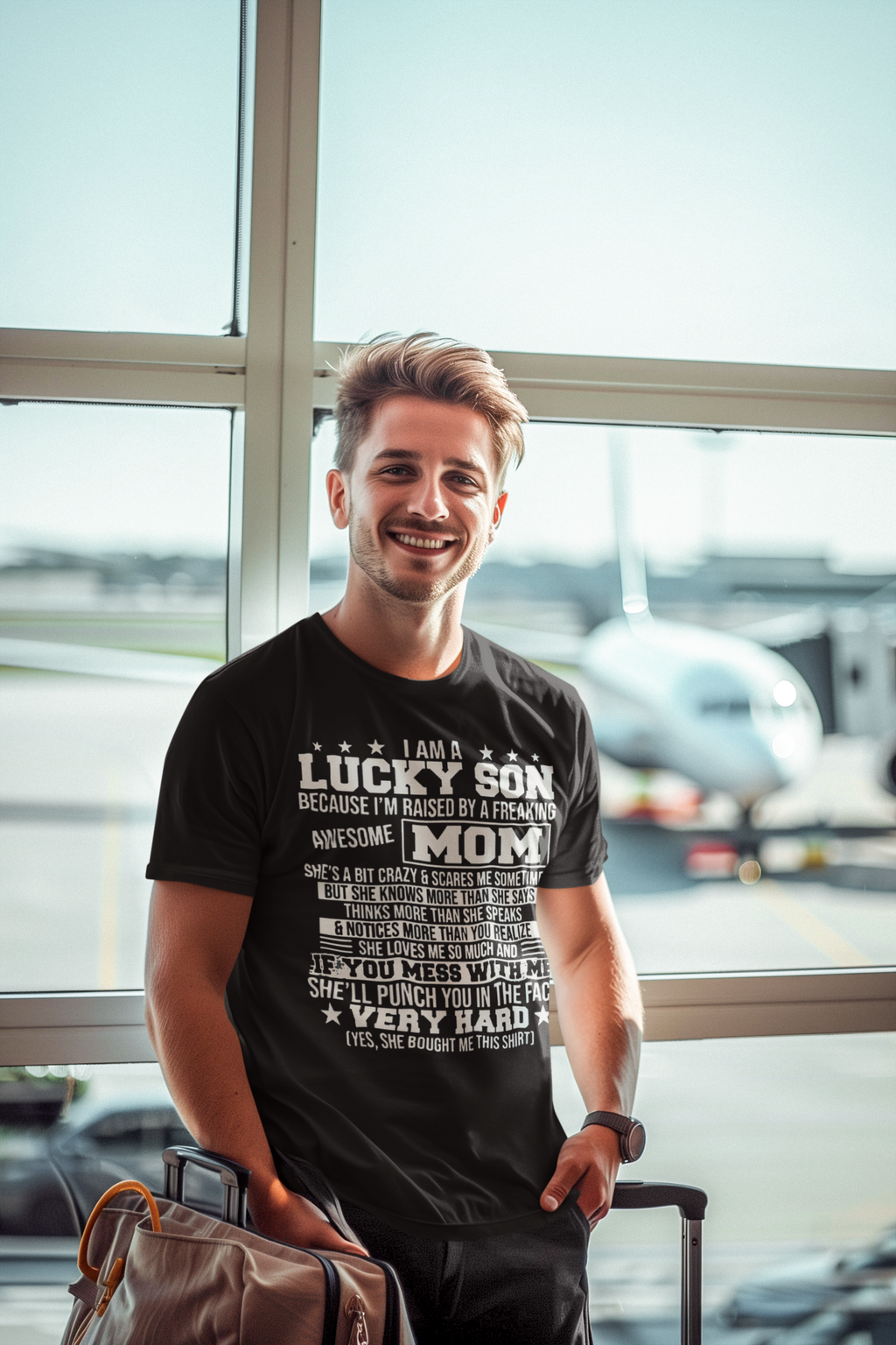 Happy man wearing Raised by a Freaking Awesome Mom Shirt at airport terminal.