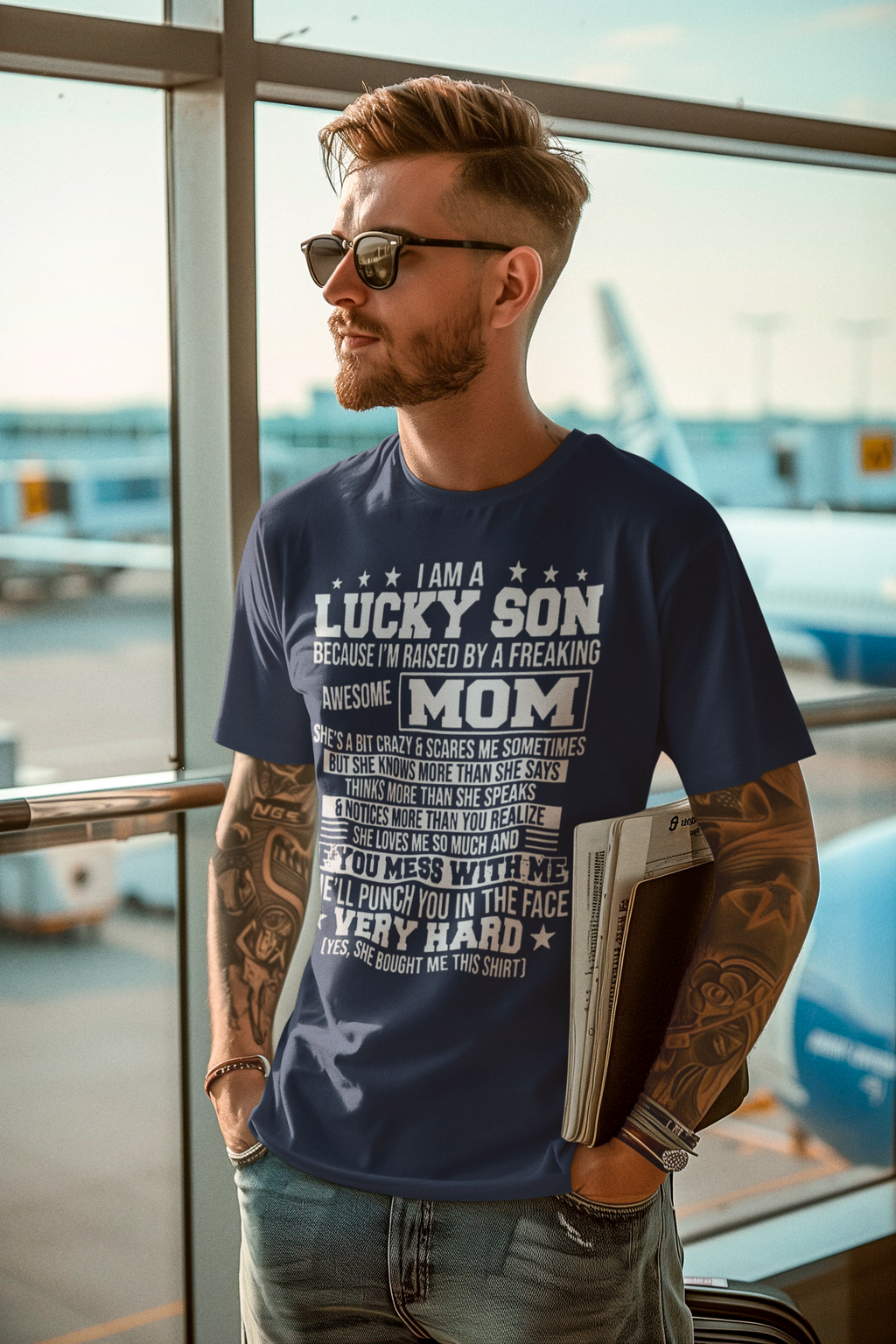 Man wearing 'Raised by a Freaking Awesome Mom Shirt' at airport.