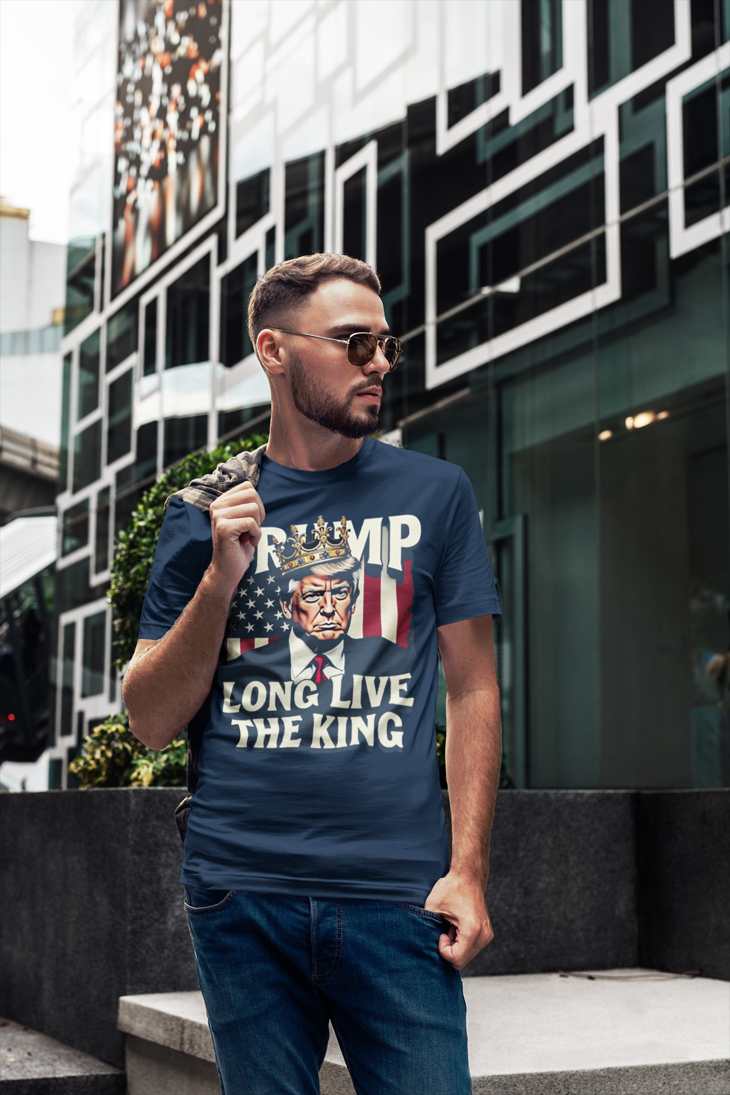 Trump Long Live the King USA Shirt worn by a man outdoors, showcasing bold political expression and classic design.