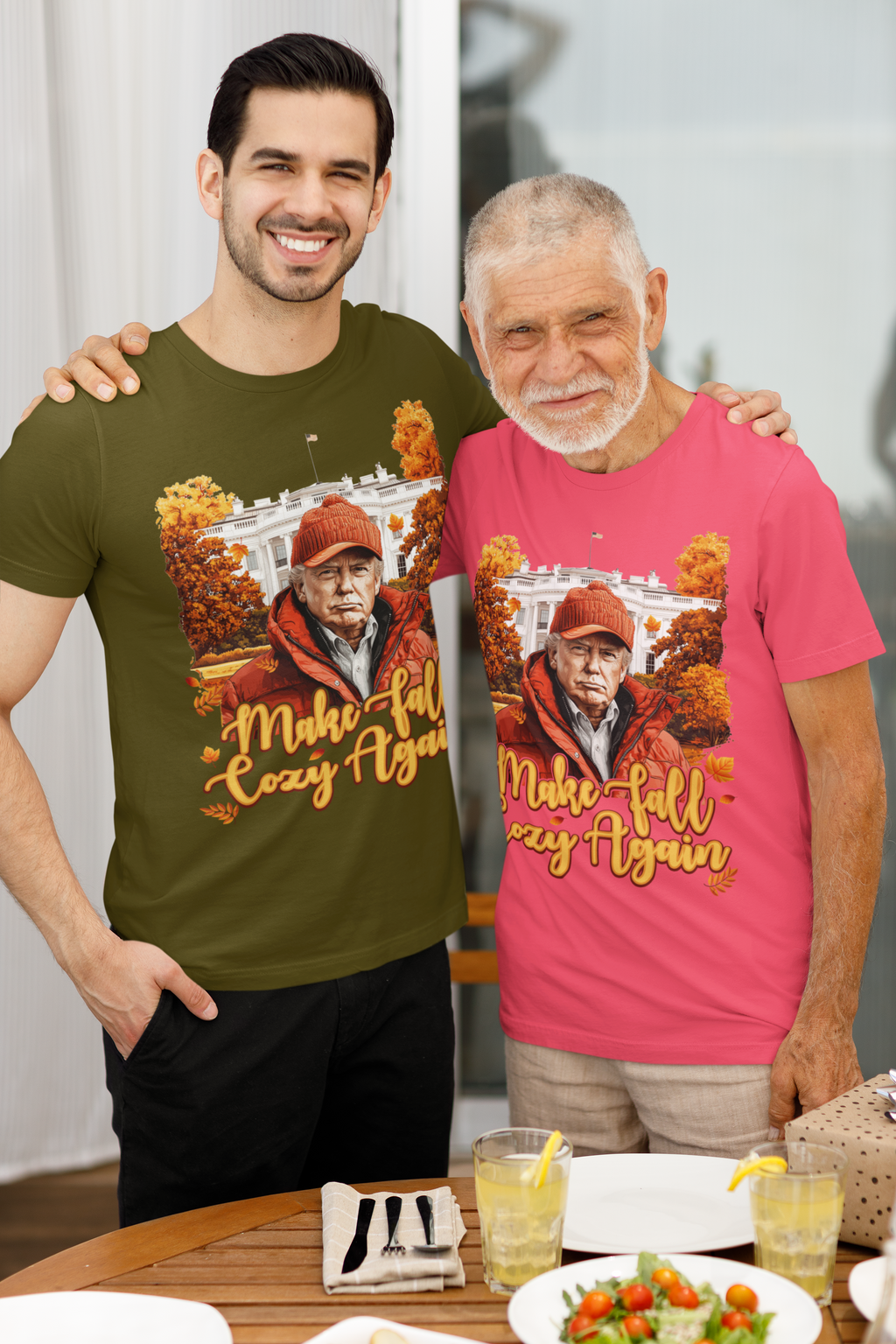 Two men wearing matching shirts with the design 'Make Fall Cozy Again Seasonal Shirt' in a relaxed outdoor setting.