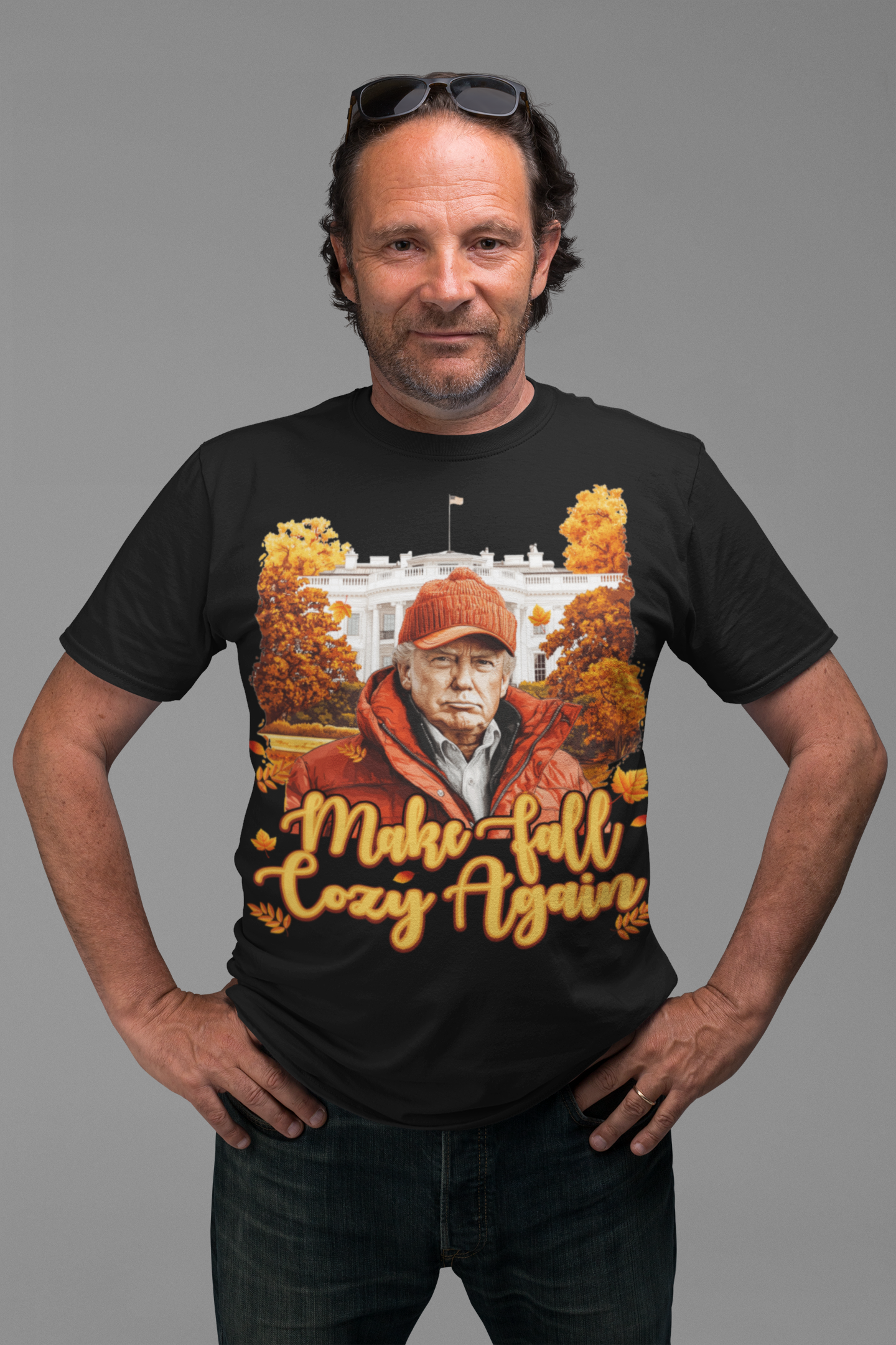 Person wearing a Make Fall Cozy Again Seasonal Shirt standing in front of autumn trees and the White House.