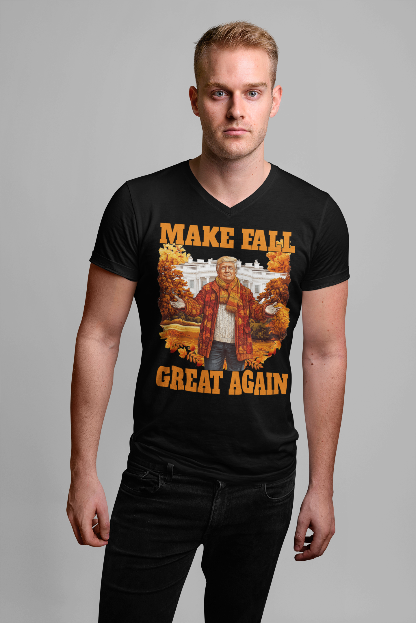 Model wearing the Make Fall Great Again Autumn T Shirt against a neutral background with autumn-themed graphics.